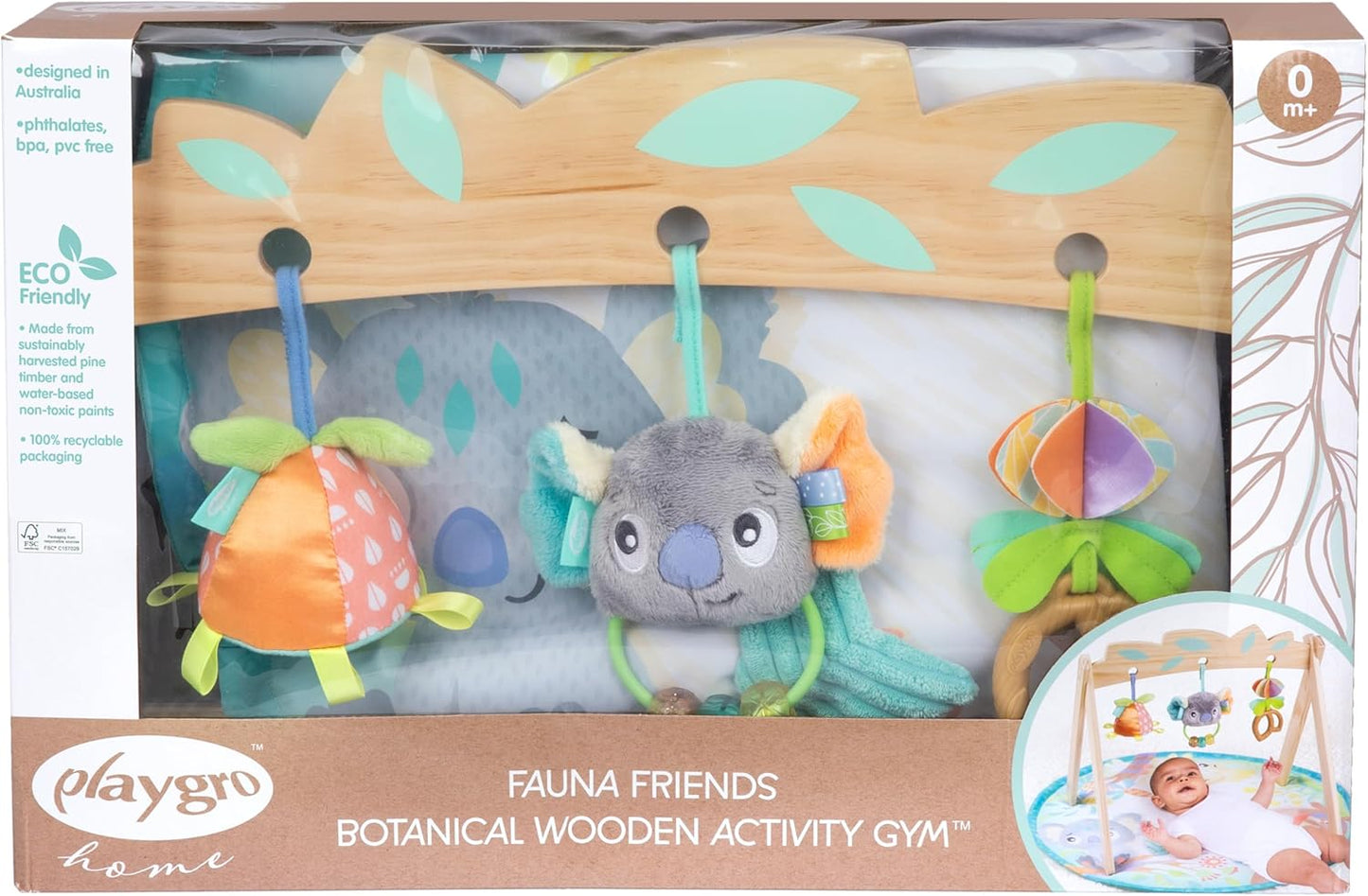 Playgro Fauna Friends Wooden Baby Activity Gym - Baby Play Mat for Floor with 3 Hanging Toys - Jungle Themed Baby Gym for Sensory Development - Wooden Baby Gym Play Mat for Newborns & Infants