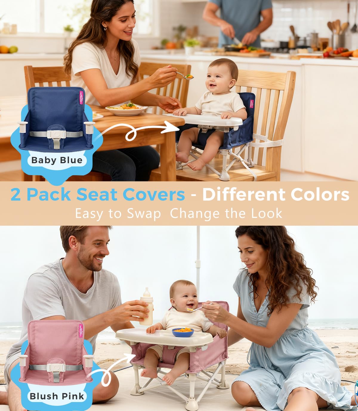 Portable Baby Chair, Baby Booster Seat with 2-Pack Seat Covers & Travel Bag for Camping & Baby Beach Chair | Toddler Folding Chair with Tray, Tip-Free Design, Straps to Kitchen Chairs