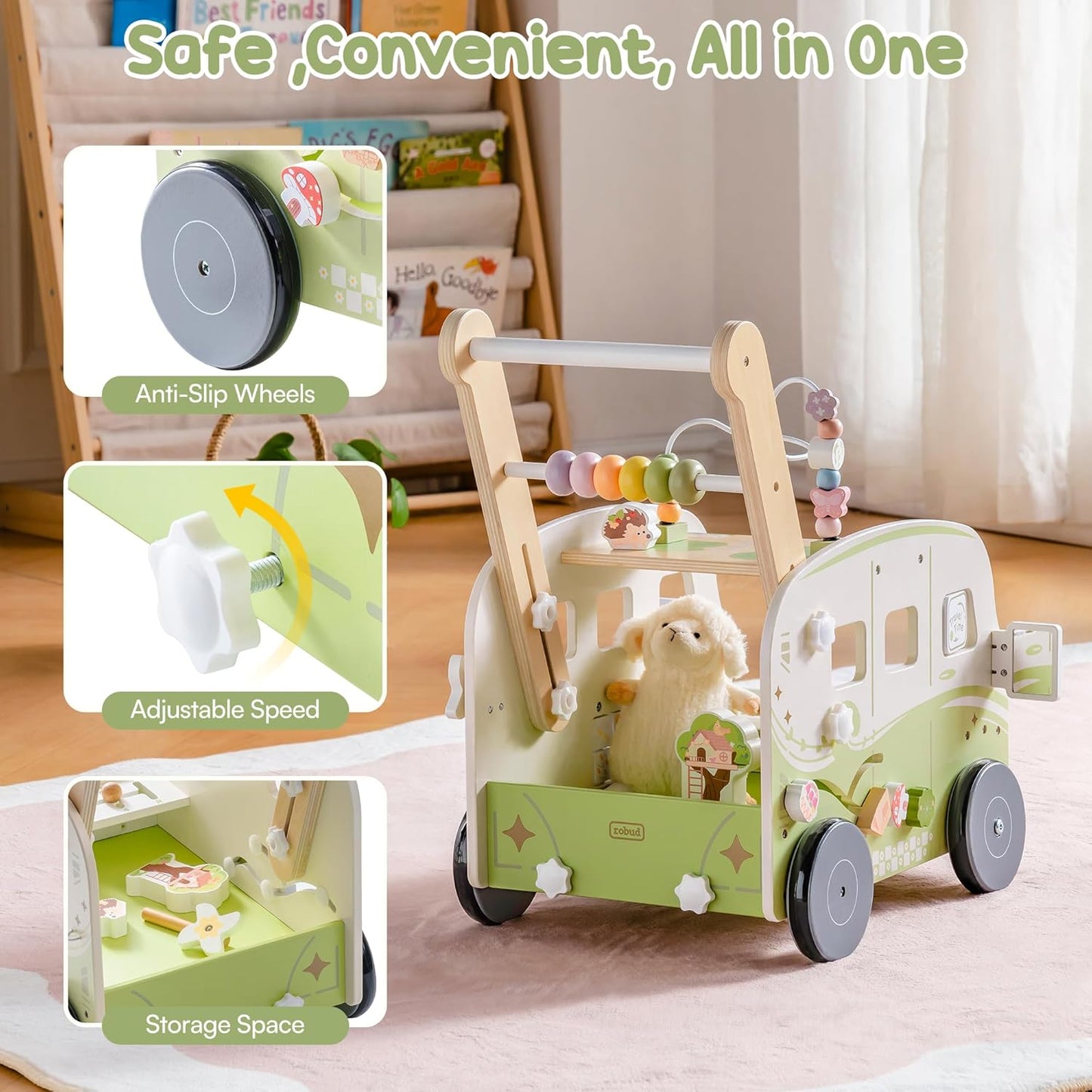 ROBUD Wooden Baby Push Walker, Forest Theme Learning Walking Toys for Baby Age 10 Months+, WRP54