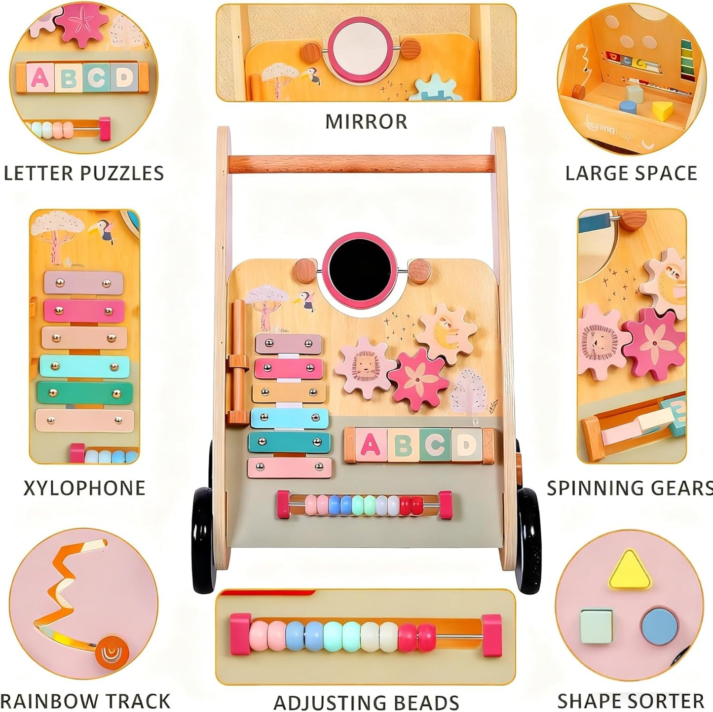 Wooden Baby Walker with Anti-Tip Design, Montessori Activity Center for Babies 6-18 Months, Sit-to-Stand Push Toy with Sensory Features – Ideal Learning Walk Gift for Toddlers