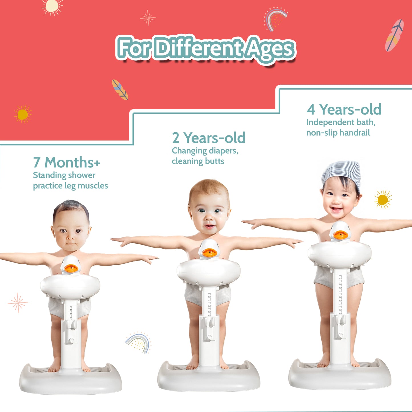 BEBECAN Adjustable Baby Shower Standing Support with Seat & Anti-Slip Base for Bath Tub, 2 in 1 Stand Up Safe Bathing for 6–36 Months, Free Mother Hands with Shower Holder