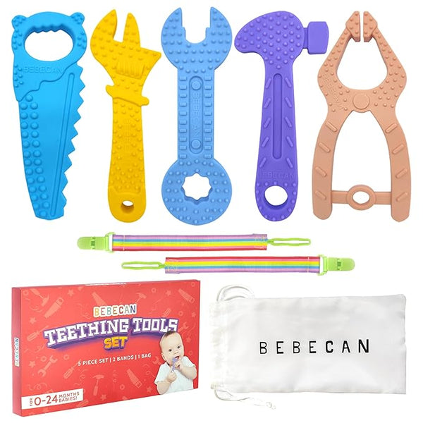 Bebecan best teething toys for babies set with colorful tool-shaped teethers bands and storage bag