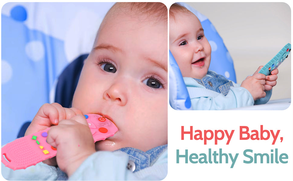 BEBECAN Silicone Baby Remote Teether in pink being used by a happy baby with a healthy smile