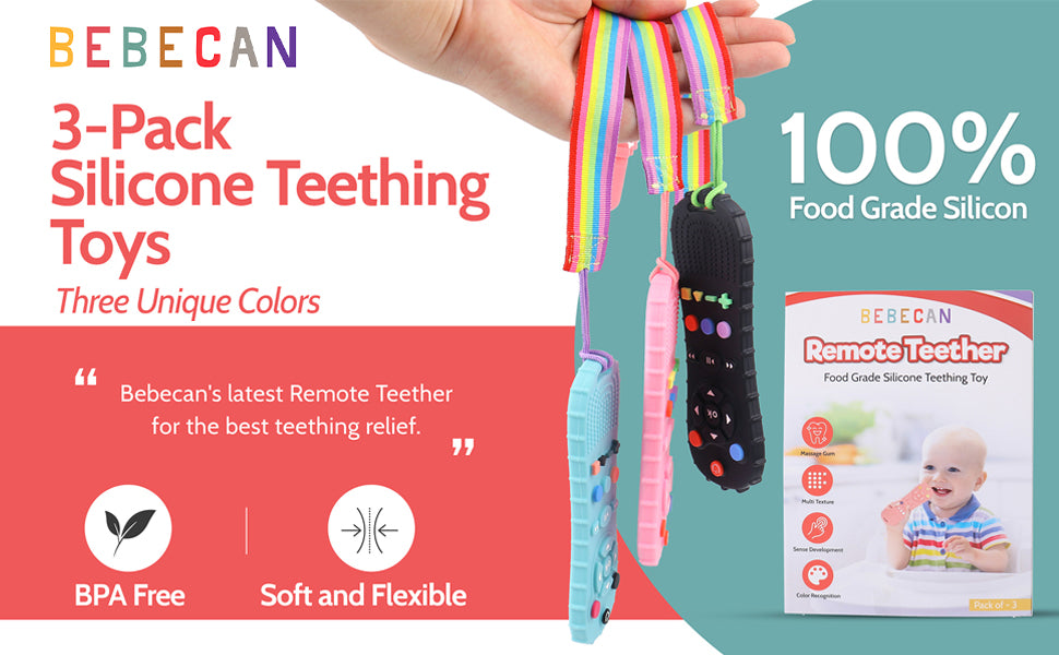 BEBECAN Silicone Baby Remote Teether 3-pack silicone teething toys in three colors BPA free and food grade