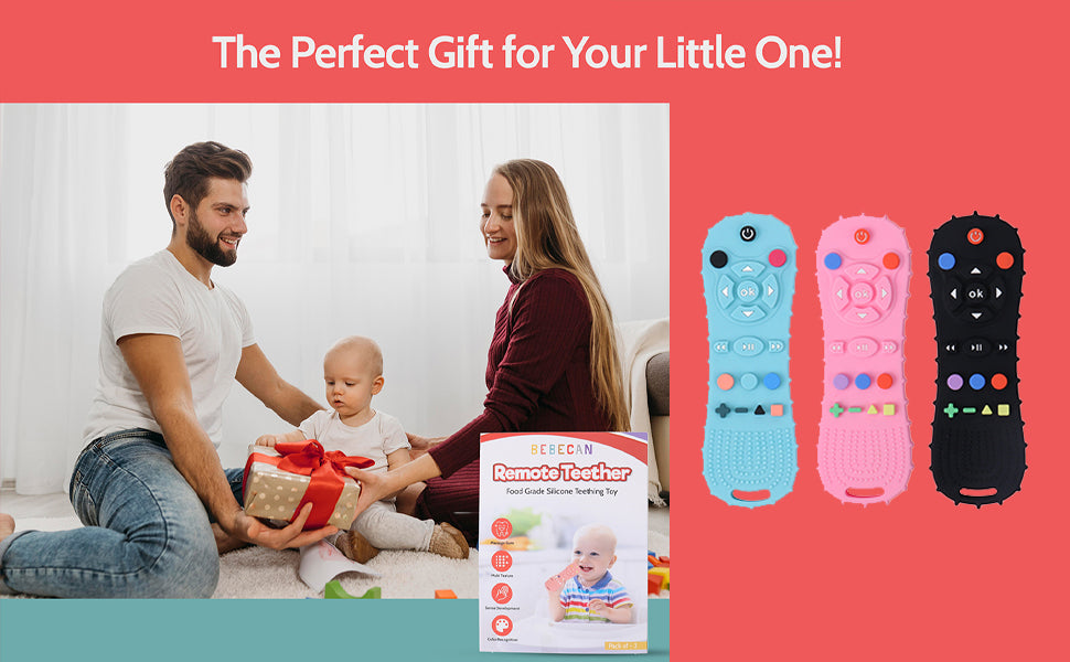 BEBECAN Silicone Baby Remote Teether in blue pink and black with a baby and parents playing in the background