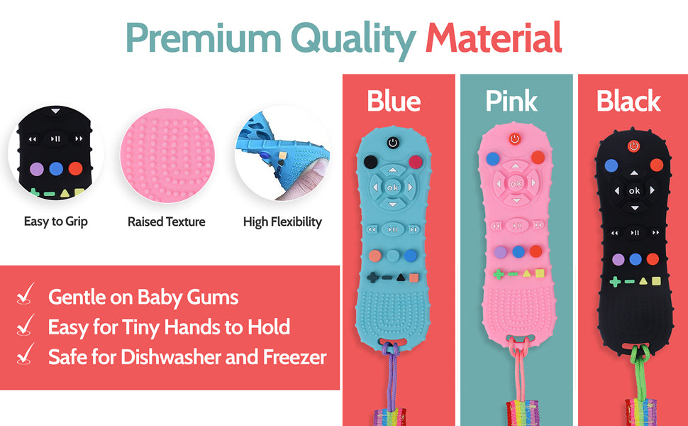 BEBECAN Silicone Baby Remote Teether in blue pink and black with raised texture and flexible material