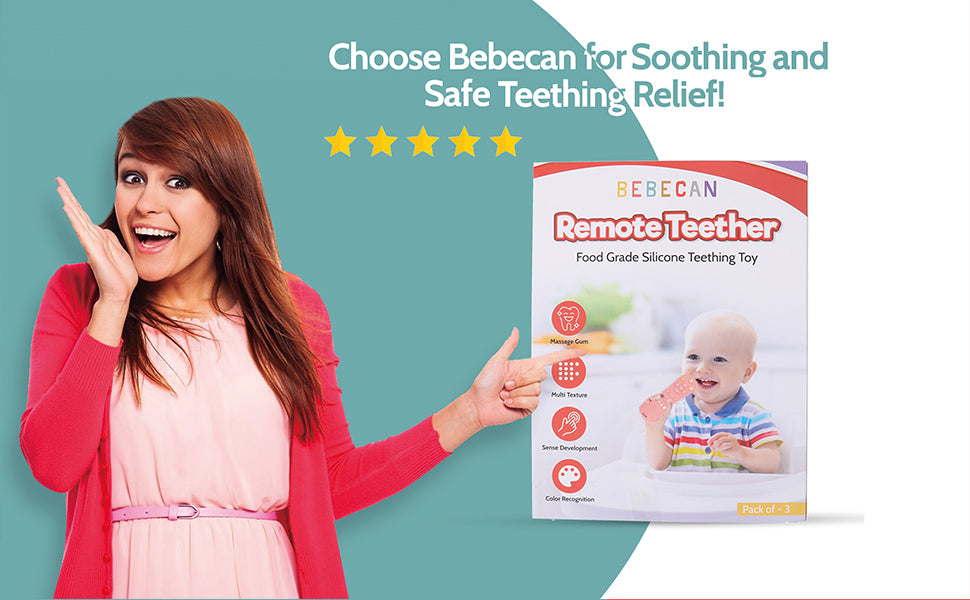 BEBECAN Silicone Baby Remote Teether food grade silicone teething toy packaging with happy baby and smiling woman