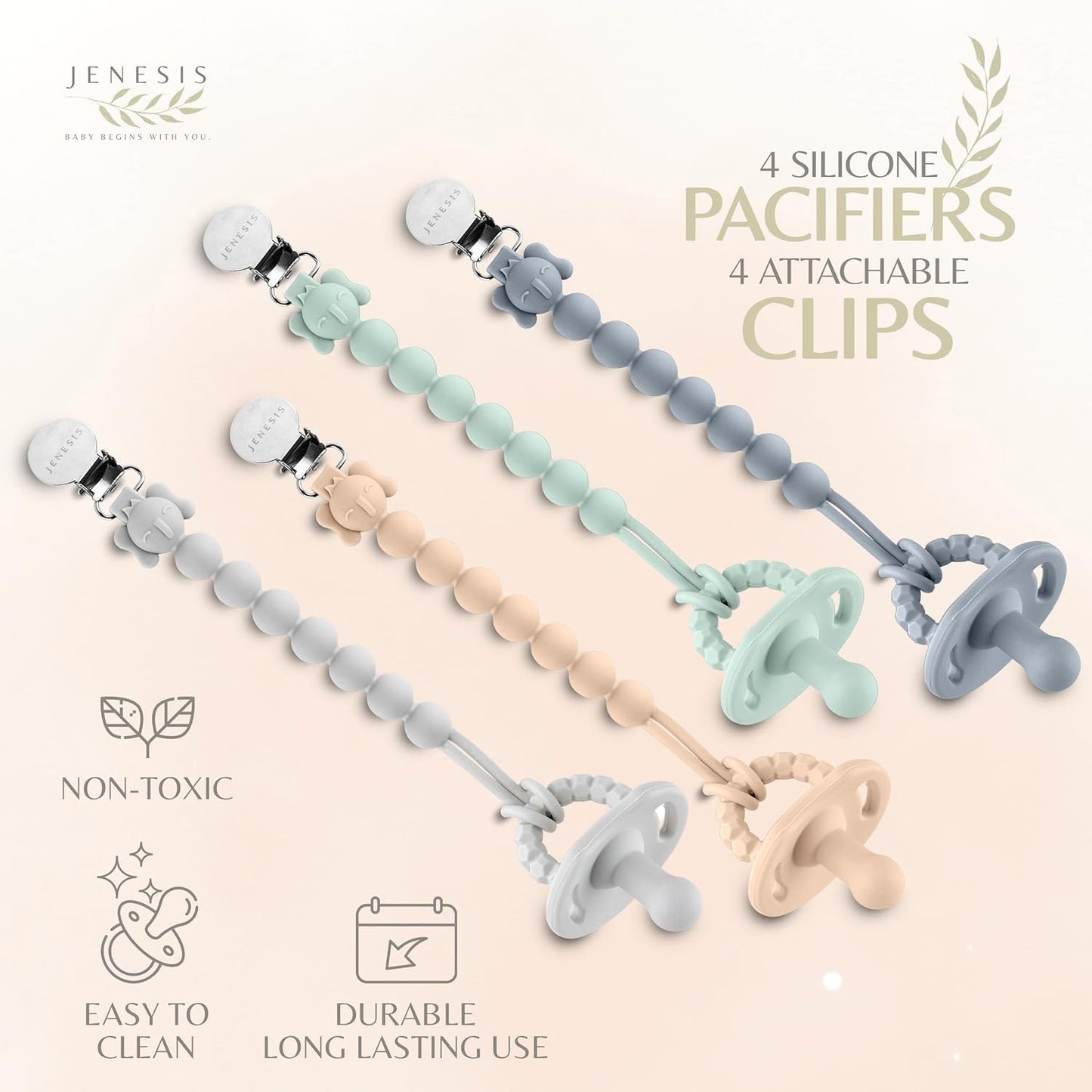 Jenesis Baby Pacifier & Pacifier Clip Set-4 Pacifiers & 4 Binky Clips