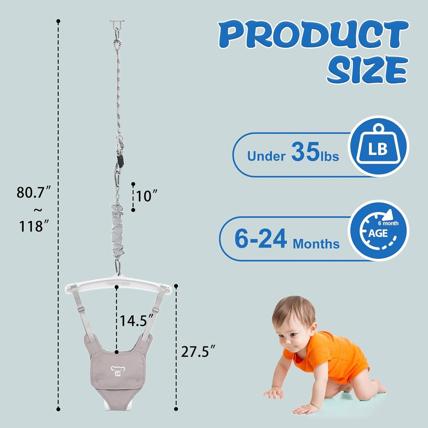 Baby Jumper with a Ceiling Hook for Infant & Toddlers with Adjustable Chain, Bouncers for Indoor/Outdoor, Baby Doorway Jumper with Soft Rug