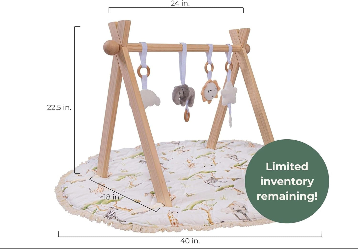 Montessori Wooden Baby Play Gym and Mat | Heirloom-Quality FSC Pine, Reversible Washable Mat, Includes Hanging Toys | Neutral Baby Activity Gym for Newborn to 6 Months