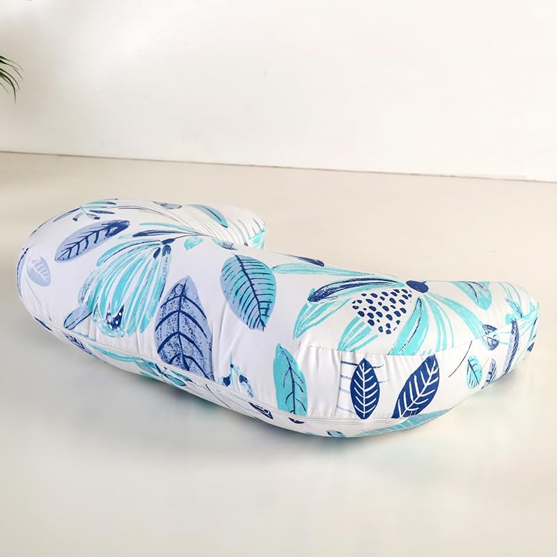 Whispering Leaves 1 Piece Nursing Pillowcase, C-Shaped Breastfeeding Support Cushion Cover, Blue and White Tropical Leaf Pattern, Polyester Fill, Standard Size