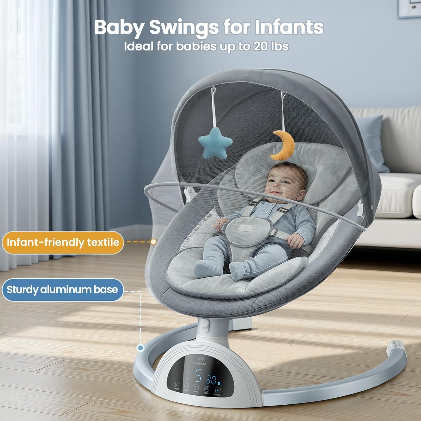 Electric Baby Swing for Infants, Portable Infant Swing with Music Speaker, 5 Swing Speeds, Remote Control, for Indoor Use, Newborn Boys & Girls, White