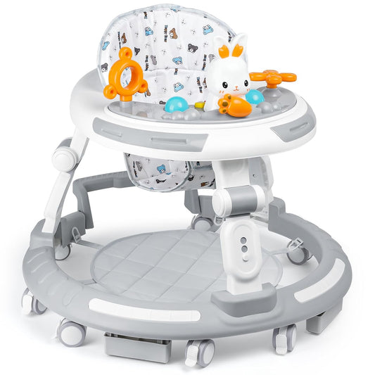 Baby Walker with Wheels -Toddler Walker for Baby Girl 6-12 Months, Foldable & Adjustable Activity Center with Foot mat and Tray, Toddler Walker for Babies 12-18 Months, White Grey