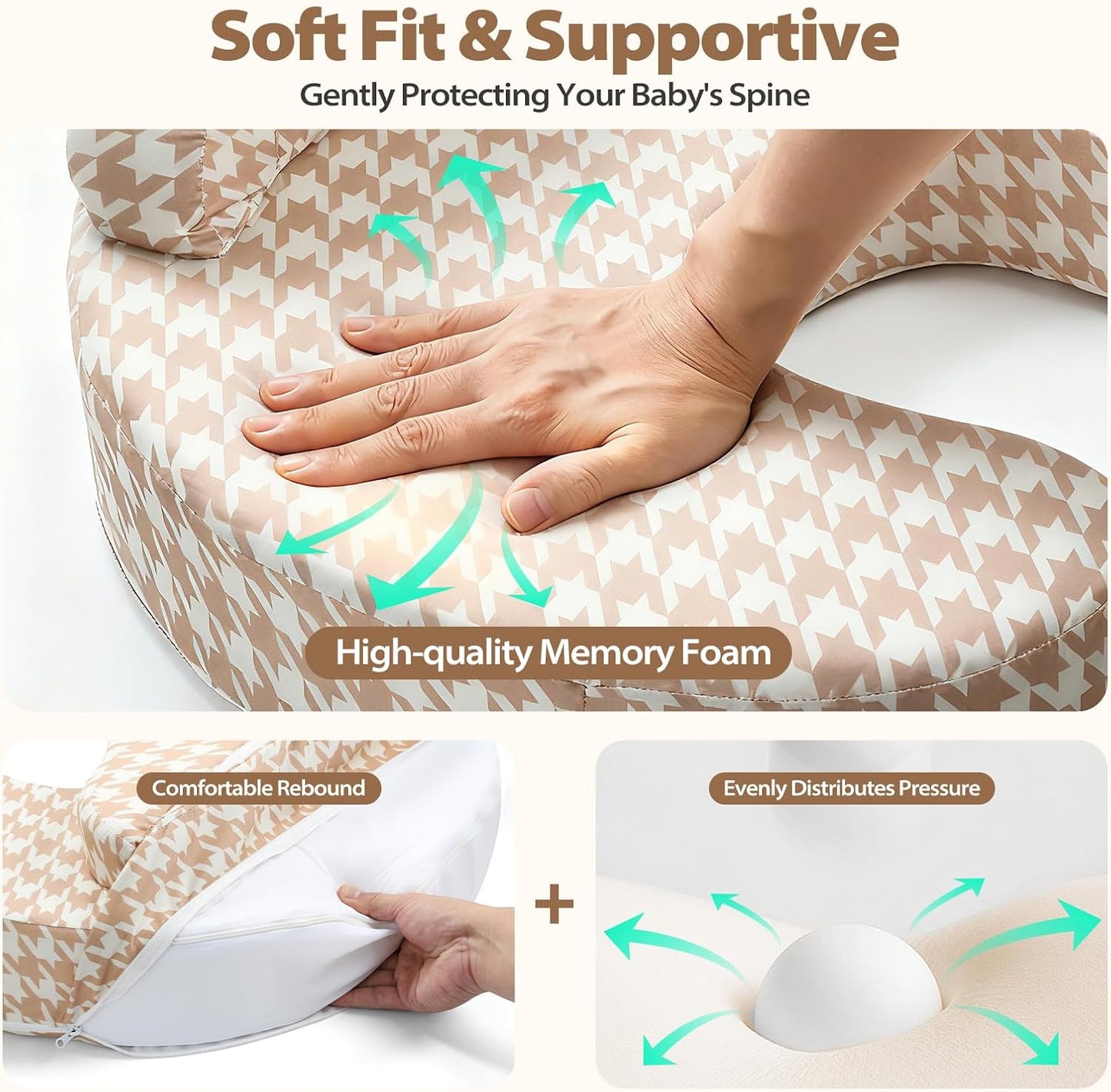 Nursing Pillow -Memory Foam Bottle & Breastfeeding Pillow with Safety Fence -Ergonomic Support, with Wider Breast Feeding Cushion, Adjustable, Removable Cover, Baby Safety