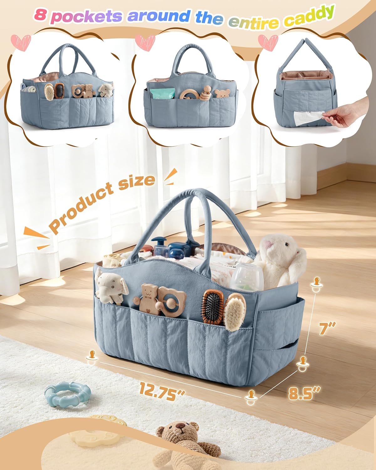 Baby Diaper Caddy with Detachable Dividers and Wipes Pocket, Lightweight Baby Caddy Organizer with Handles and 8 Pockets for Baby Stuff, Camel