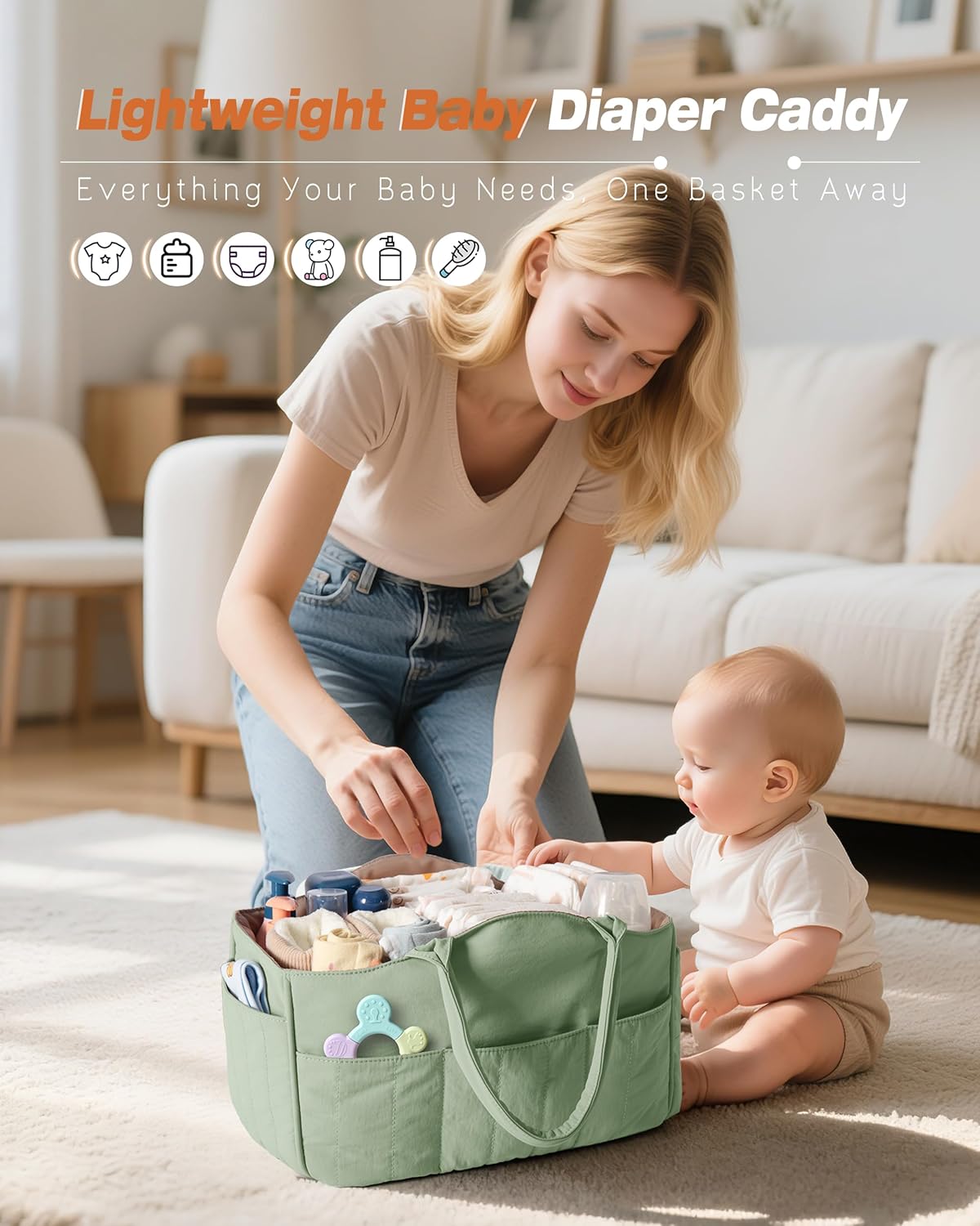 Baby Diaper Caddy with Detachable Dividers and Wipes Pocket, Lightweight Baby Caddy Organizer with Handles and 8 Pockets for Baby Stuff, Camel