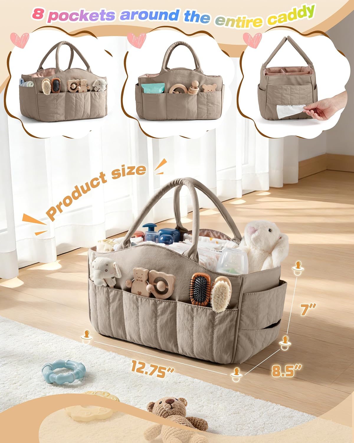Baby Diaper Caddy with Detachable Dividers and Wipes Pocket, Lightweight Baby Caddy Organizer with Handles and 8 Pockets for Baby Stuff, Camel