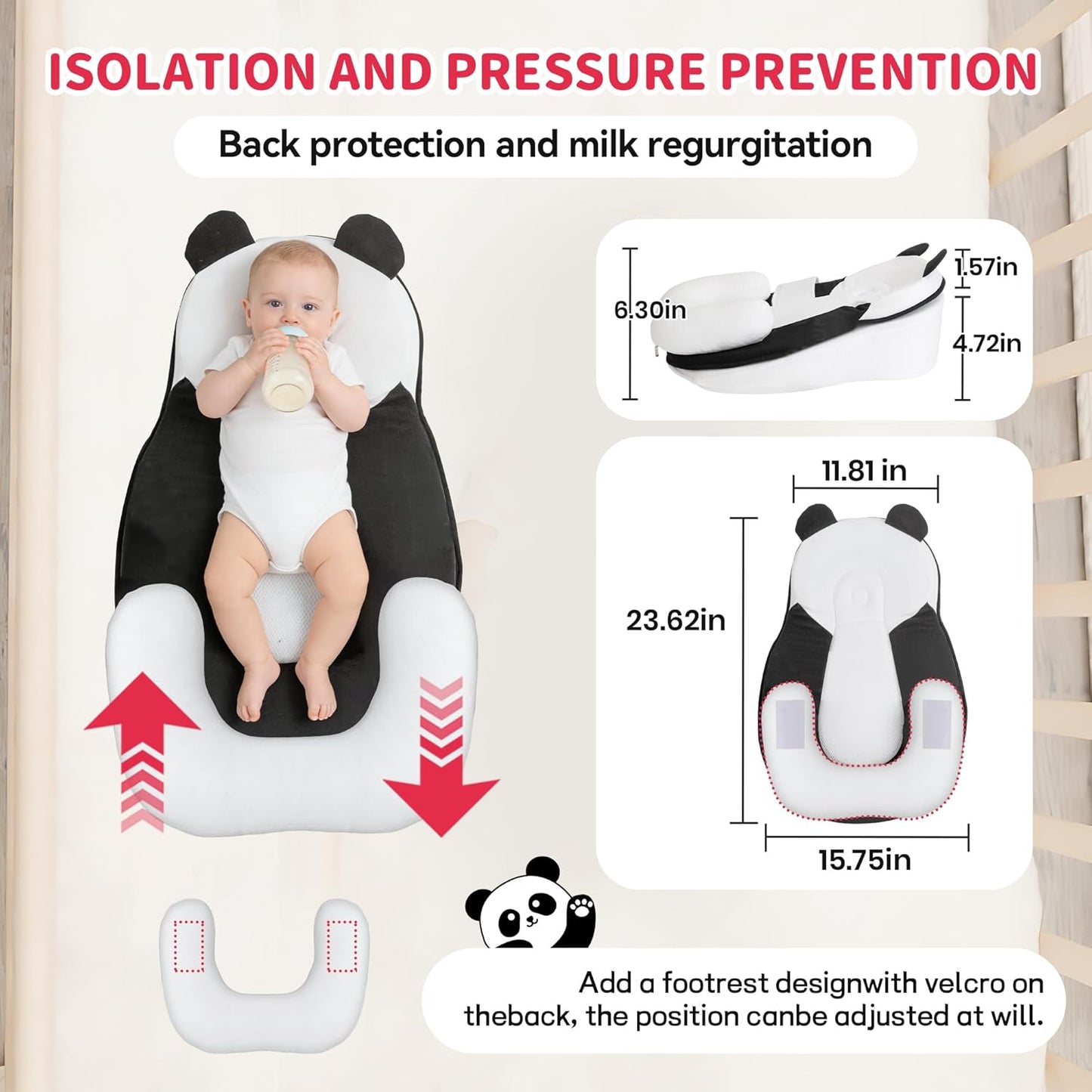 Baby Feeding Pillow, Anti Overflow Feeding Pillow for Reducing Spit-Up, Safety Nursing Pillow, Baby Lounger Reflux Wedge Breastfeeding, Removable top and Bottom (Black, Small)