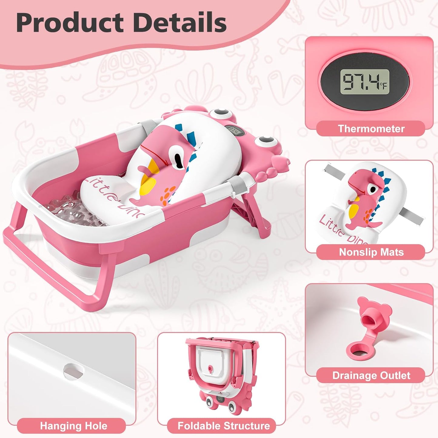 Baby Pink Bathtub for Newborns with Thermometer and Soft Floating Cushion