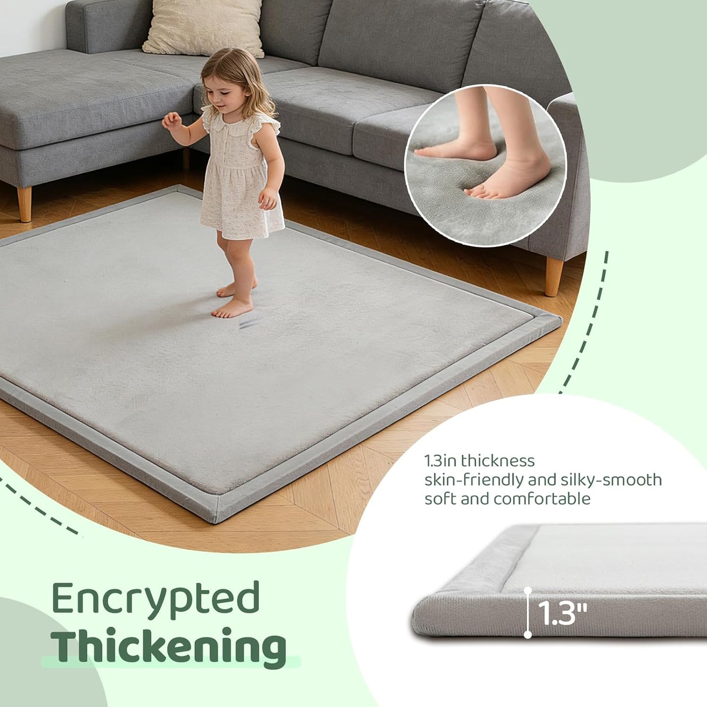 Baby Play Mat for Floor, 1.3 Inch Thick Memory Foam Tummy Time Mat with Non Slip Backing, Soft Coral Velvet 50×50 Inch Playpen Mat Crawling Tatami for Infants Toddlers Kids