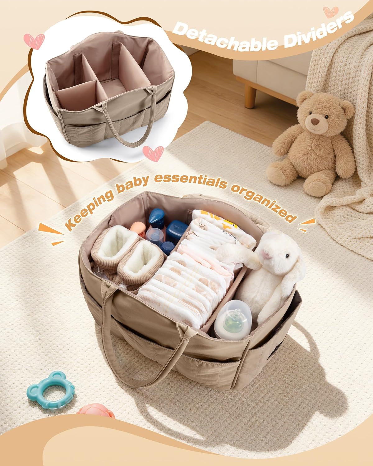 Baby Diaper Caddy with Detachable Dividers and Wipes Pocket, Lightweight Baby Caddy Organizer with Handles and 8 Pockets for Baby Stuff, Camel