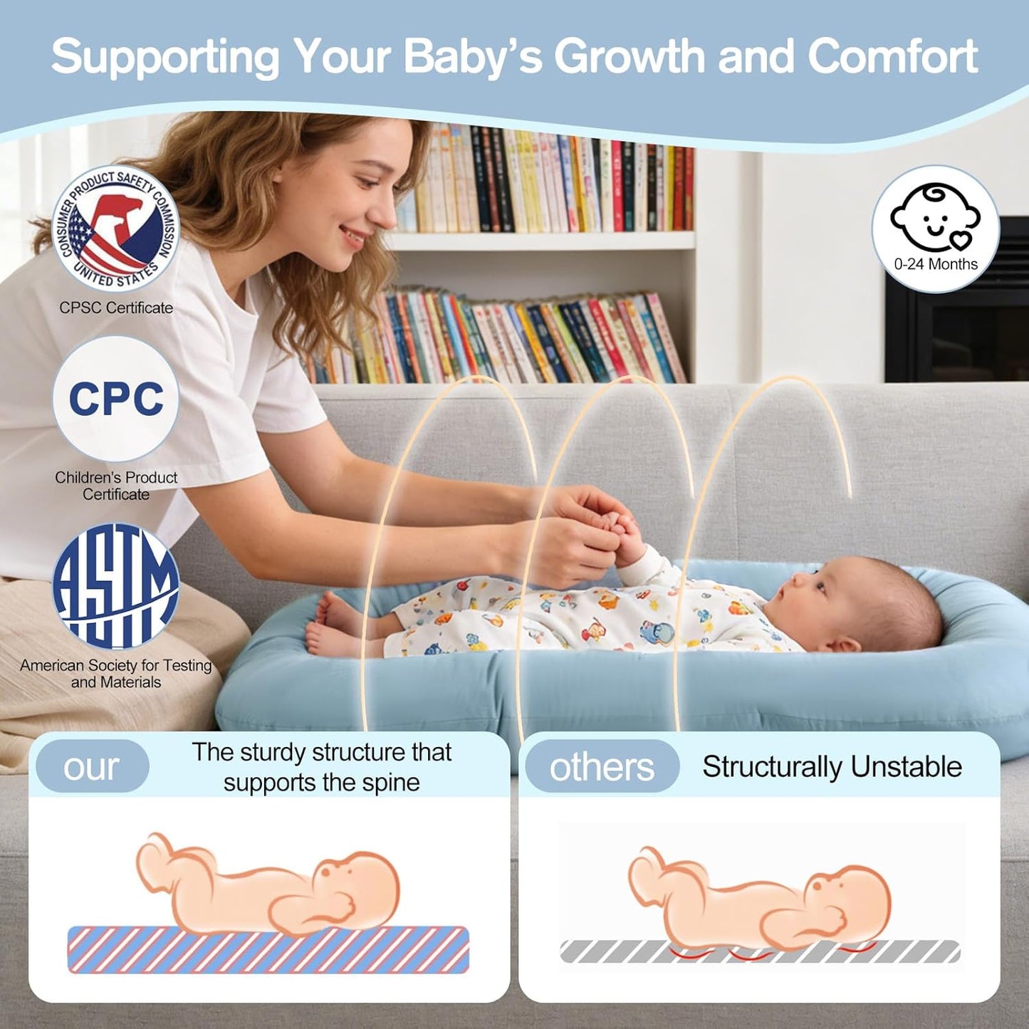 Baby Lounger, Portable Infant Support Cushion for Newborn, 0-24 Months, Buttery-Soft Infant Lounger with Cover (32 in x 19 in x 4.33 in), Baby Essentials Gifts(Ice Blue), Pallet of Product