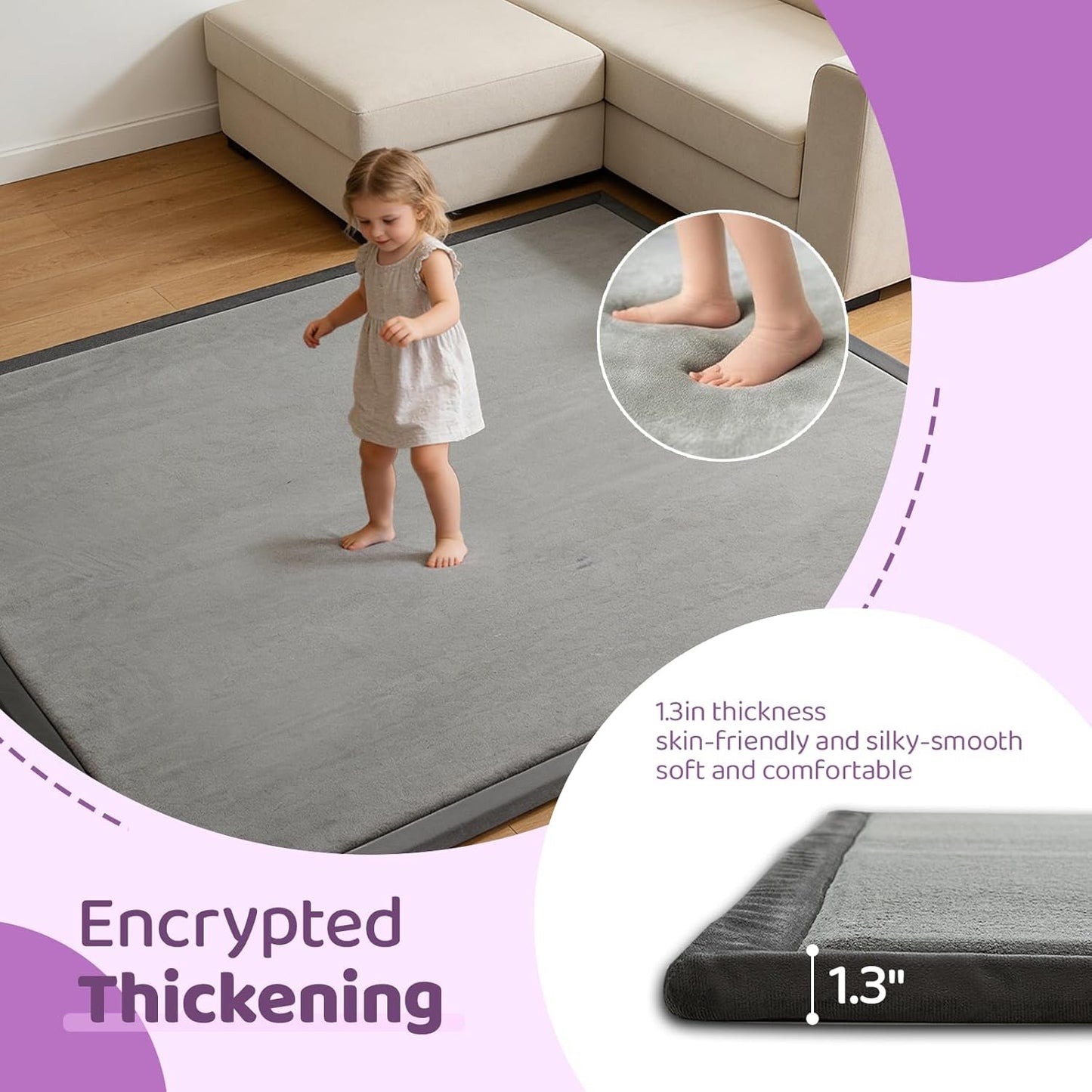 Baby Play Mat for Floor, 1.3 Inch Thick Memory Foam Tummy Time Mat with Non Slip Backing, Soft Coral Velvet 50×50 Inch Playpen Mat Crawling Tatami for Infants Toddlers Kids