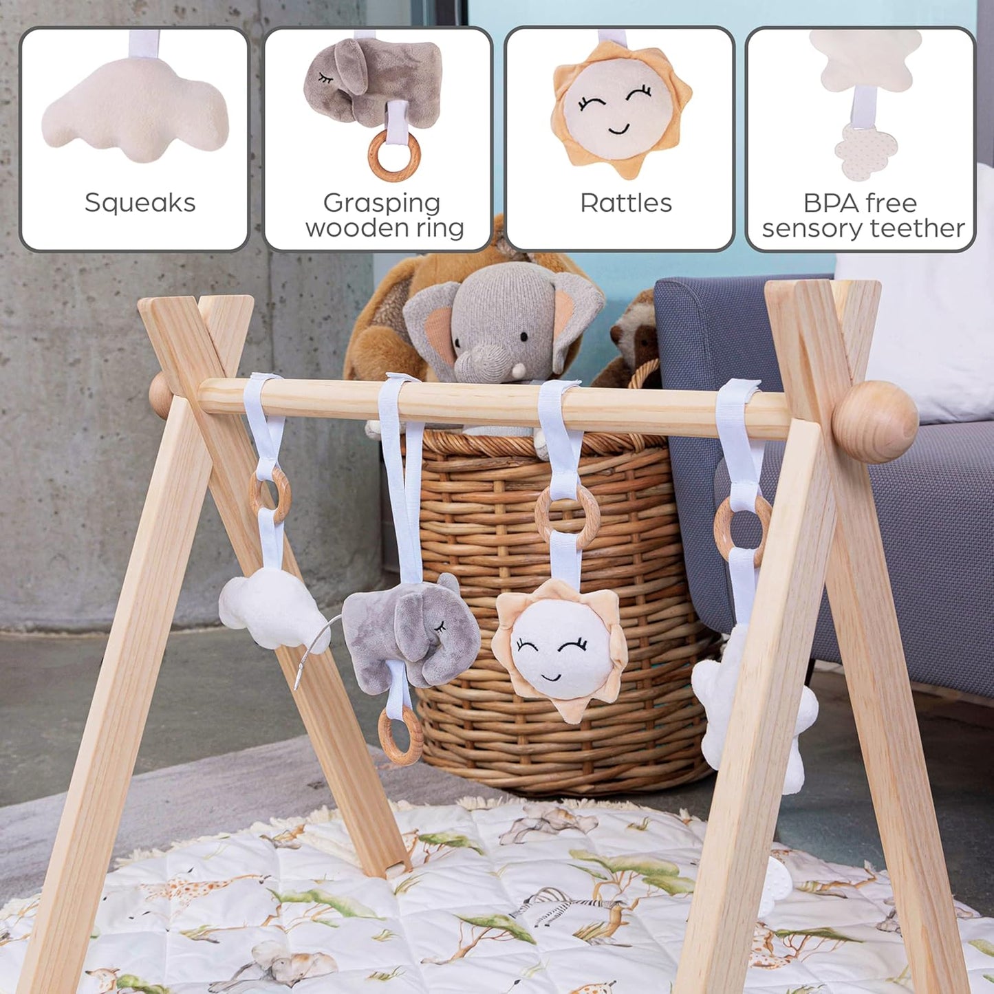 Montessori Wooden Baby Play Gym and Mat | Heirloom-Quality FSC Pine, Reversible Washable Mat, Includes Hanging Toys | Neutral Baby Activity Gym for Newborn to 6 Months