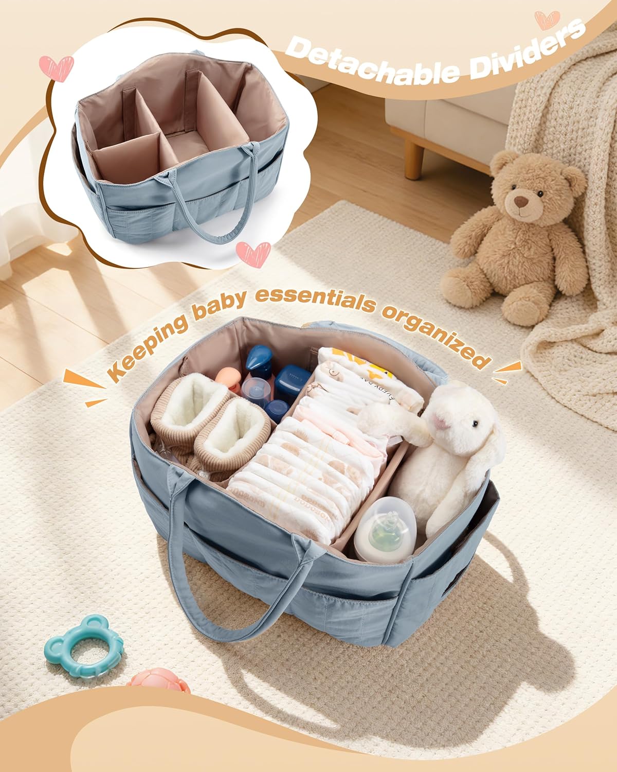 Baby Diaper Caddy with Detachable Dividers and Wipes Pocket, Lightweight Baby Caddy Organizer with Handles and 8 Pockets for Baby Stuff, Camel
