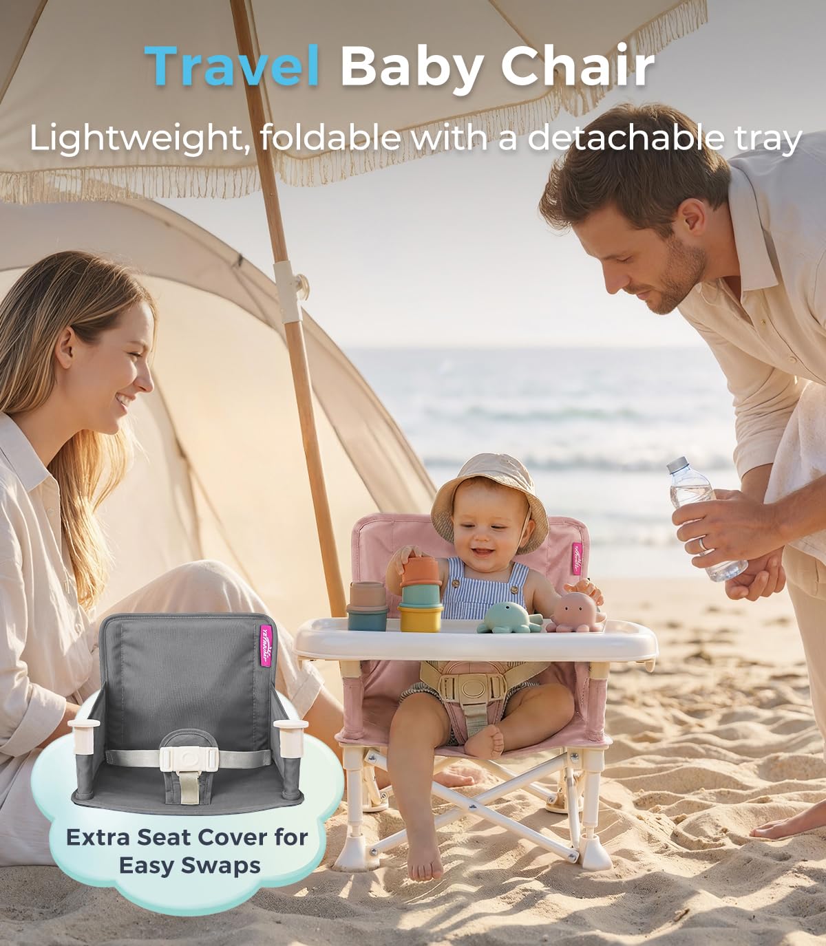 Portable Baby Chair, Baby Booster Seat with 2-Pack Seat Covers & Travel Bag for Camping & Baby Beach Chair | Toddler Folding Chair with Tray, Tip-Free Design, Straps to Kitchen Chairs