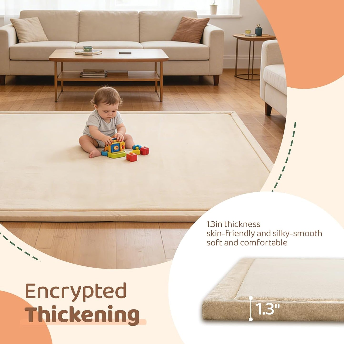 Baby Play Mat for Floor, 1.3 Inch Thick Memory Foam Tummy Time Mat with Non Slip Backing, Soft Coral Velvet 50×50 Inch Playpen Mat Crawling Tatami for Infants Toddlers Kids