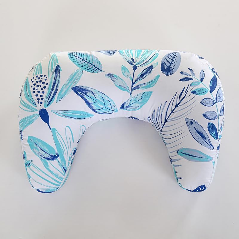 Whispering Leaves 1 Piece Nursing Pillowcase, C-Shaped Breastfeeding Support Cushion Cover, Blue and White Tropical Leaf Pattern, Polyester Fill, Standard Size