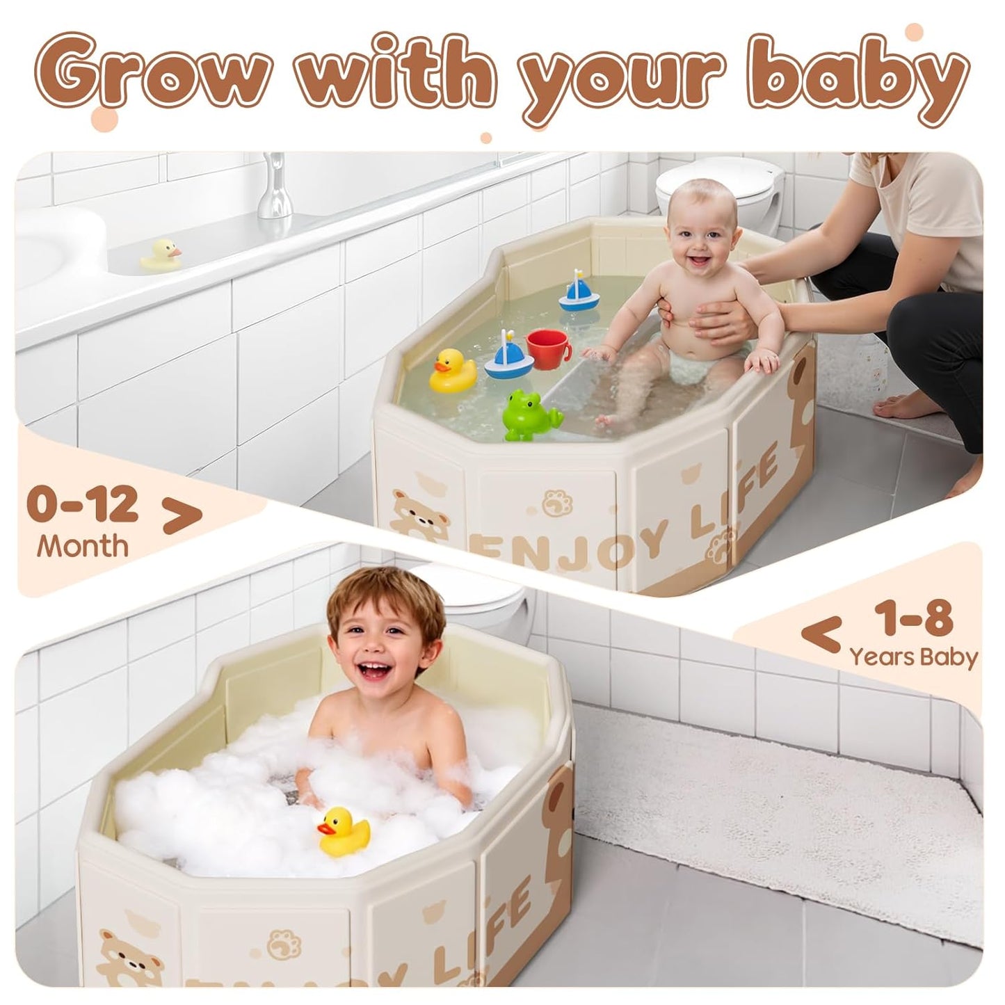 Collapsible Baby Bathtub for Shower, Portable Foldable Toddler Bath Tub with Non-Slip Base, Compact Travel Essentials for Kids & Infants, Easy Storage in Small Spaces, Brown