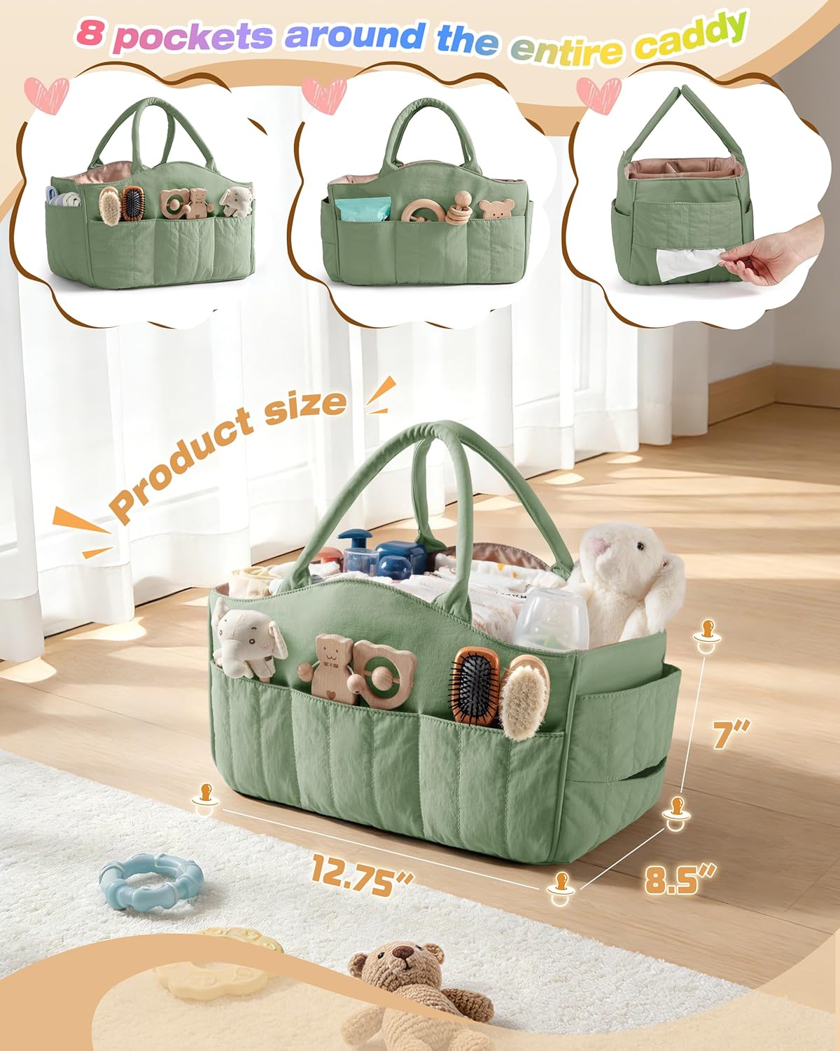 Baby Diaper Caddy with Detachable Dividers and Wipes Pocket, Lightweight Baby Caddy Organizer with Handles and 8 Pockets for Baby Stuff, Camel