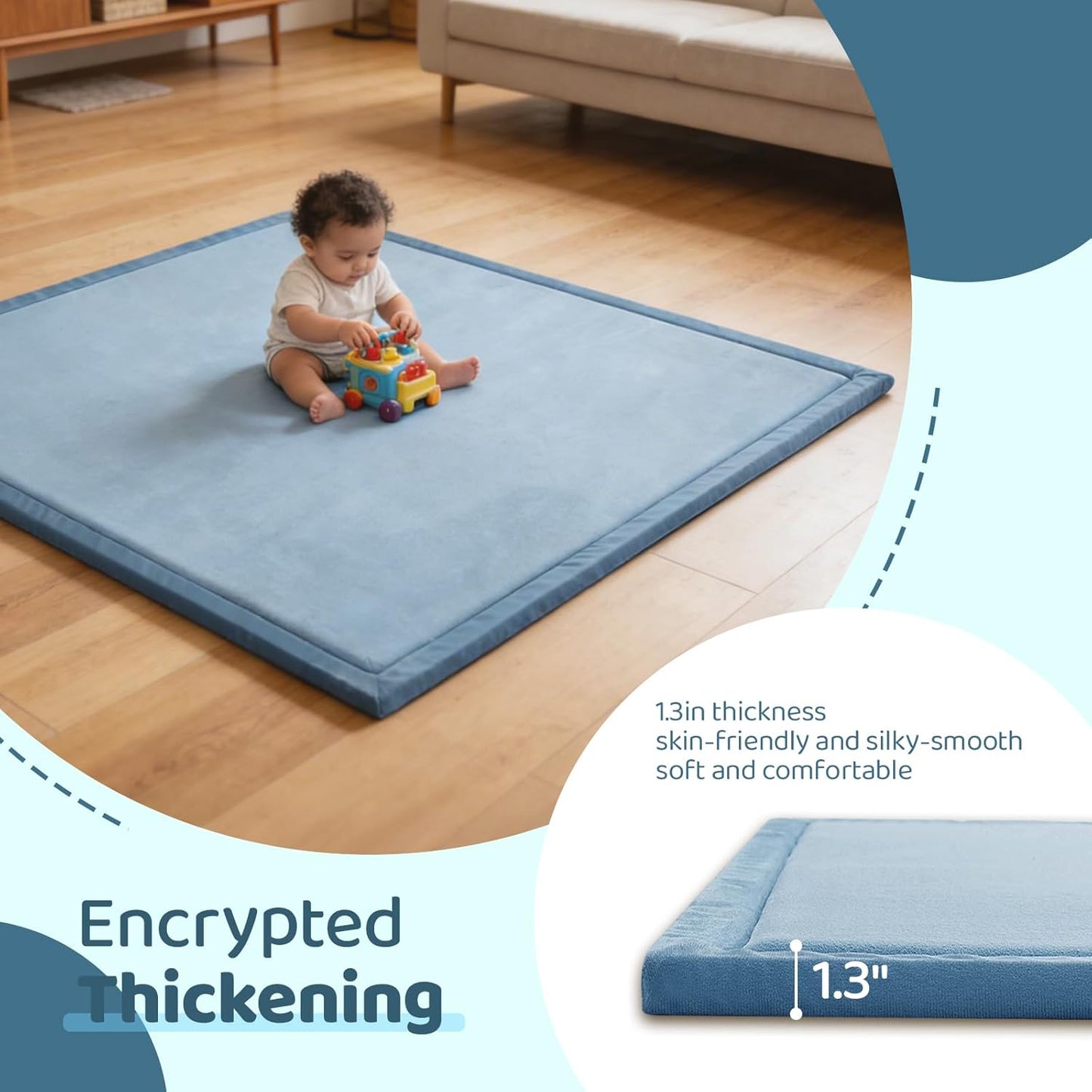 Baby Play Mat for Floor, 1.3 Inch Thick Memory Foam Tummy Time Mat with Non Slip Backing, Soft Coral Velvet 50×50 Inch Playpen Mat Crawling Tatami for Infants Toddlers Kids