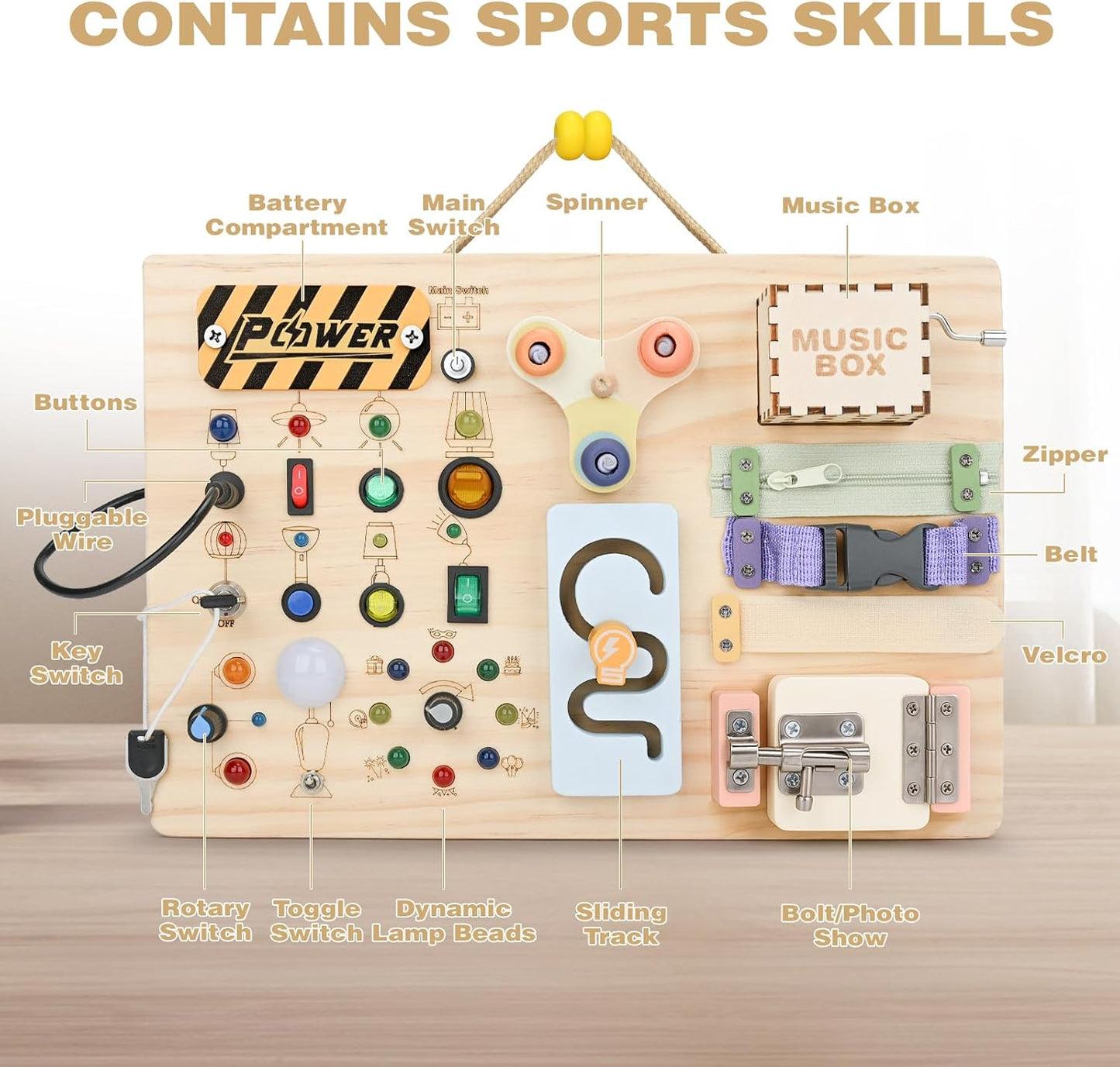 Wooden Montessori Busy Board for Toddlers – Sensory Learning Activity Board with Switches, Music Box & Locks