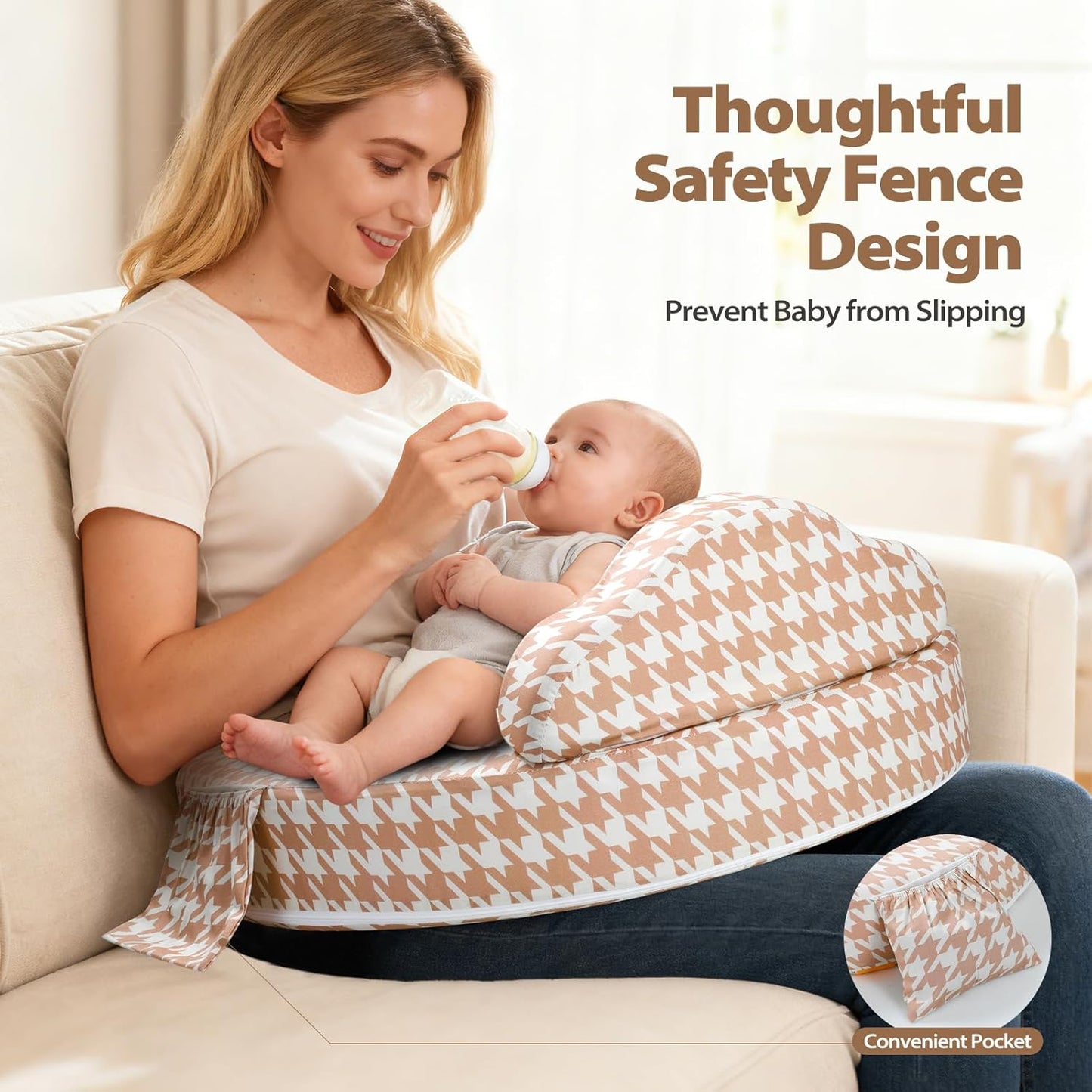 Nursing Pillow -Memory Foam Bottle & Breastfeeding Pillow with Safety Fence -Ergonomic Support, with Wider Breast Feeding Cushion, Adjustable, Removable Cover, Baby Safety