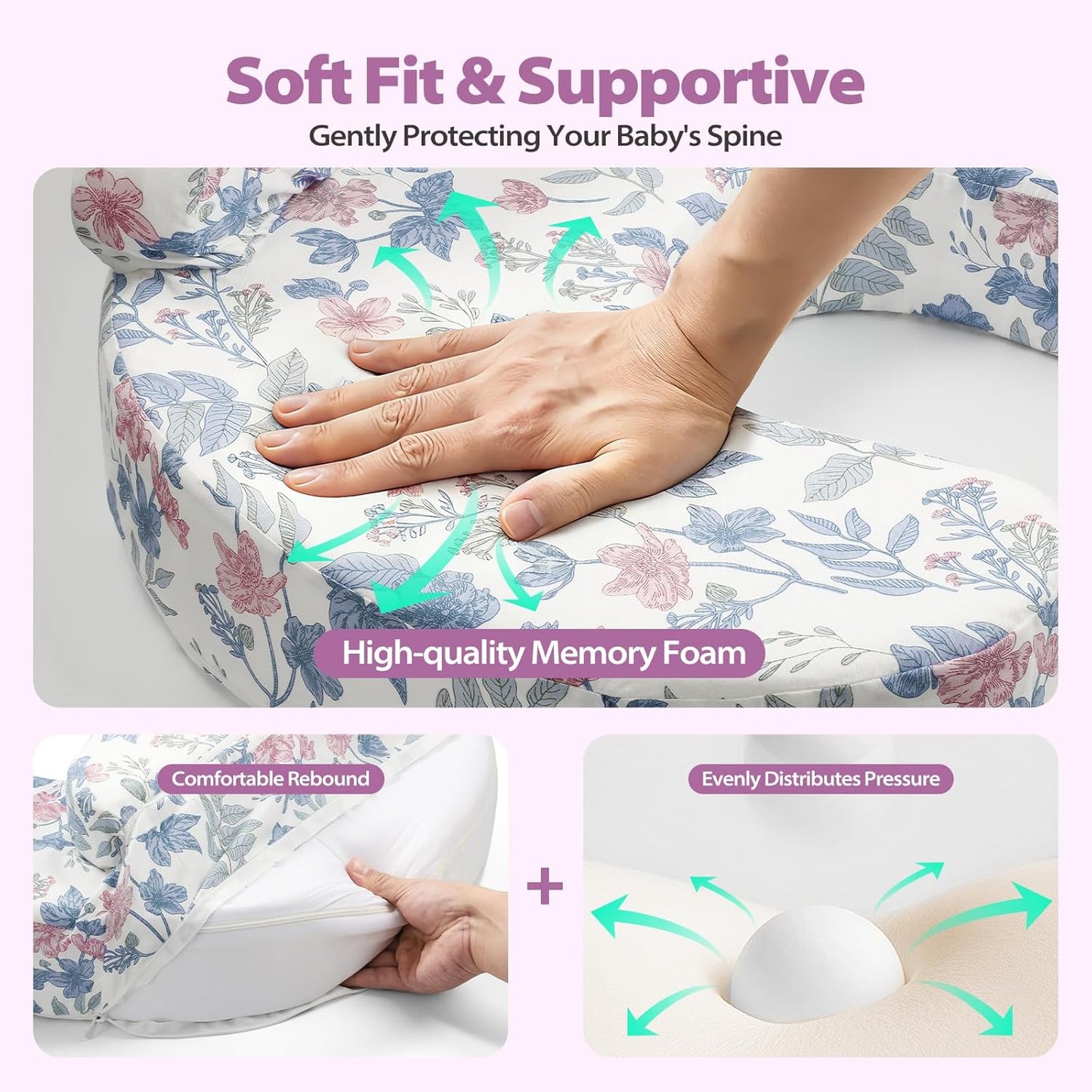 Nursing Pillow -Memory Foam Bottle & Breastfeeding Pillow with Safety Fence -Ergonomic Support, with Wider Breast Feeding Cushion, Adjustable, Removable Cover, Baby Safety