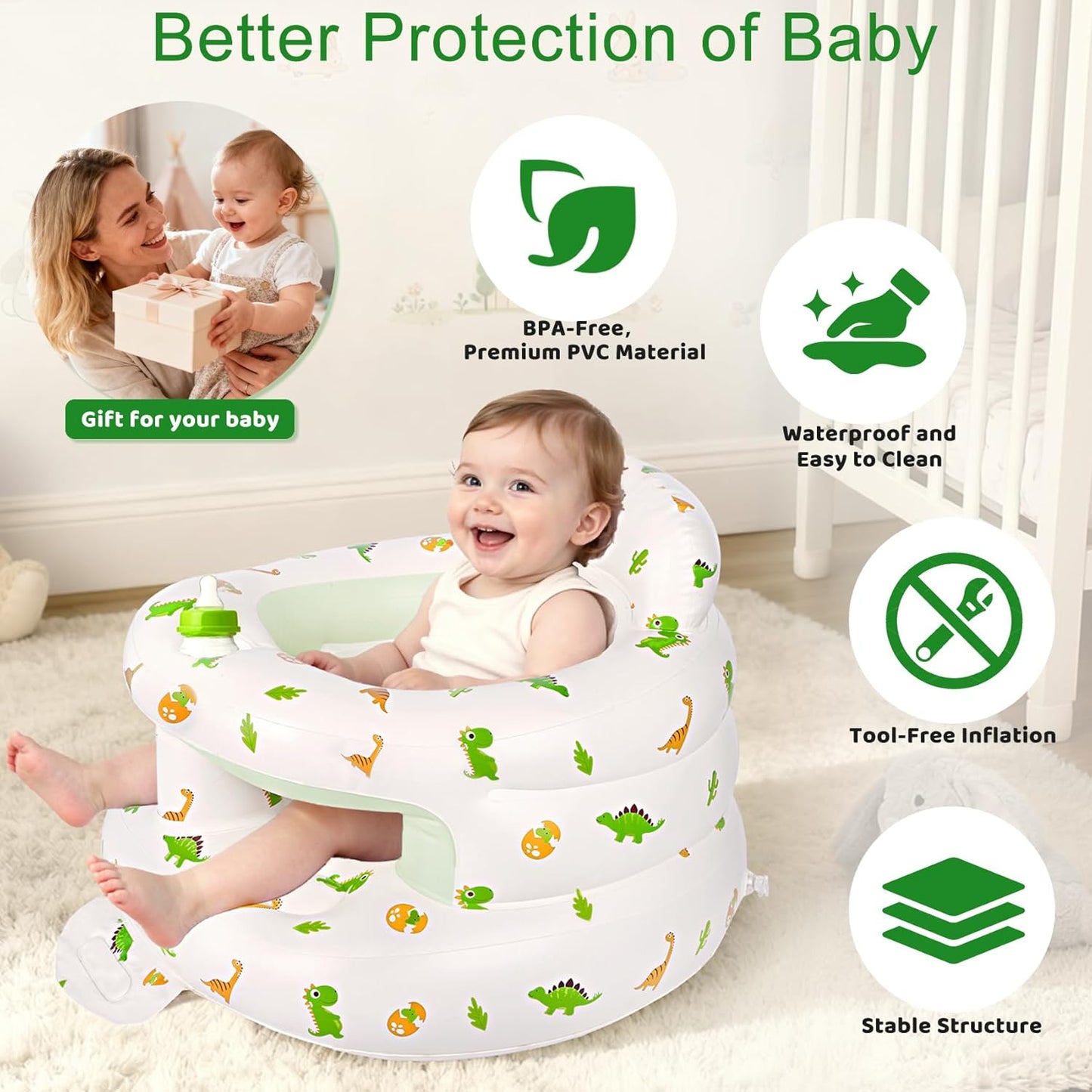 Inflatable Baby Seat for 3-36 Months, Baby Seats for Infants for Sitting Up with Back Support Built in Air Pump, Surround Sit Me Up Floor Seat for Baby Chair for Learning Sit, Feeding