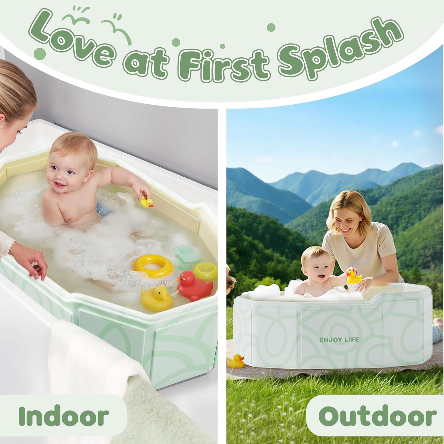 Collapsible Baby Bathtub for Shower, Portable Foldable Toddler Bath Tub with Non-Slip Base, Compact Travel Essentials for Kids & Infants, Easy Storage in Small Spaces, Green