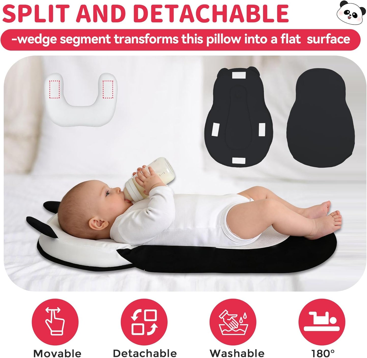 Baby Feeding Pillow, Anti Overflow Feeding Pillow for Reducing Spit-Up, Safety Nursing Pillow, Baby Lounger Reflux Wedge Breastfeeding, Removable top and Bottom (Black, Small)