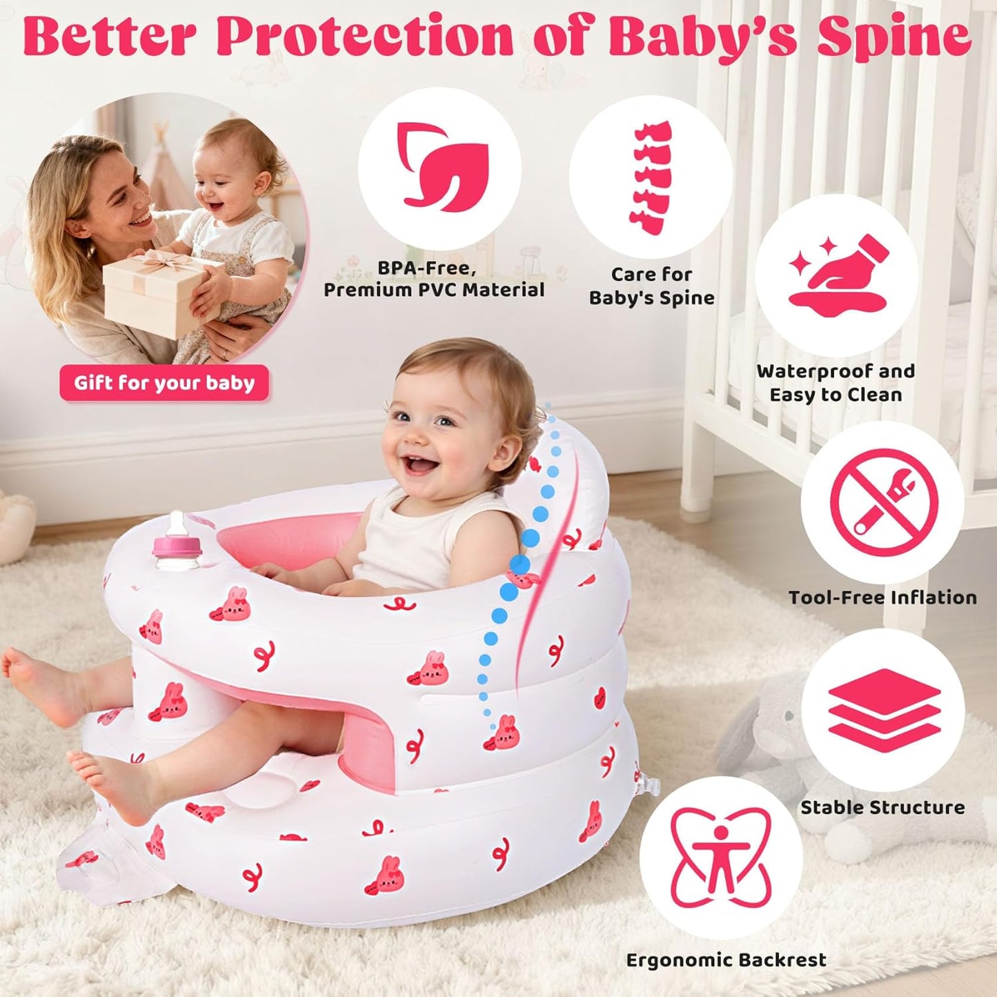 Inflatable Baby Seat for 3-36 Months, Baby Seats for Infants for Sitting Up with Back Support Built in Air Pump, Surround Sit Me Up Floor Seat for Baby Chair for Learning Sit, Feeding