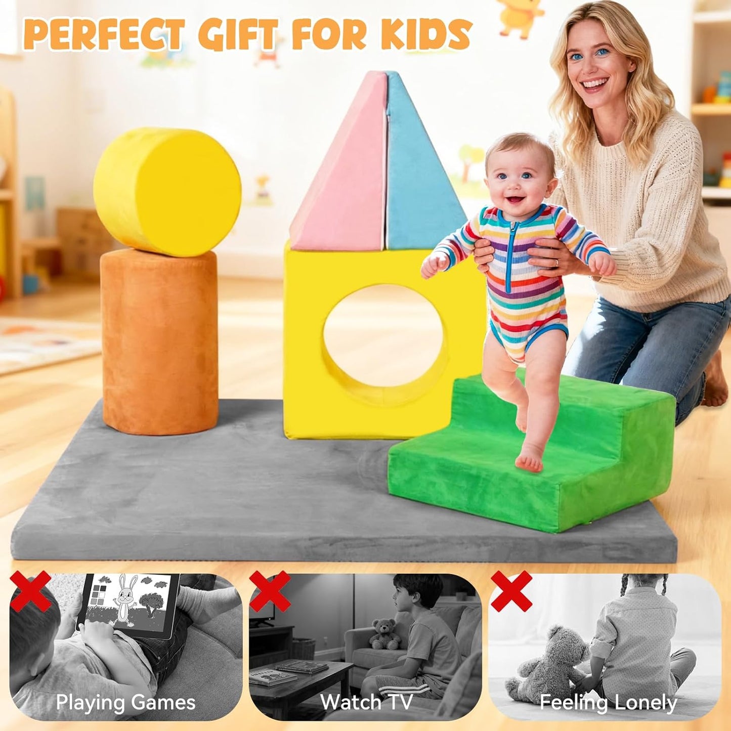 Toddler Foam Climbing Blocks & Play Mat Set (47×47 in) – Soft Climb & Crawl Motor Skill Play Gym