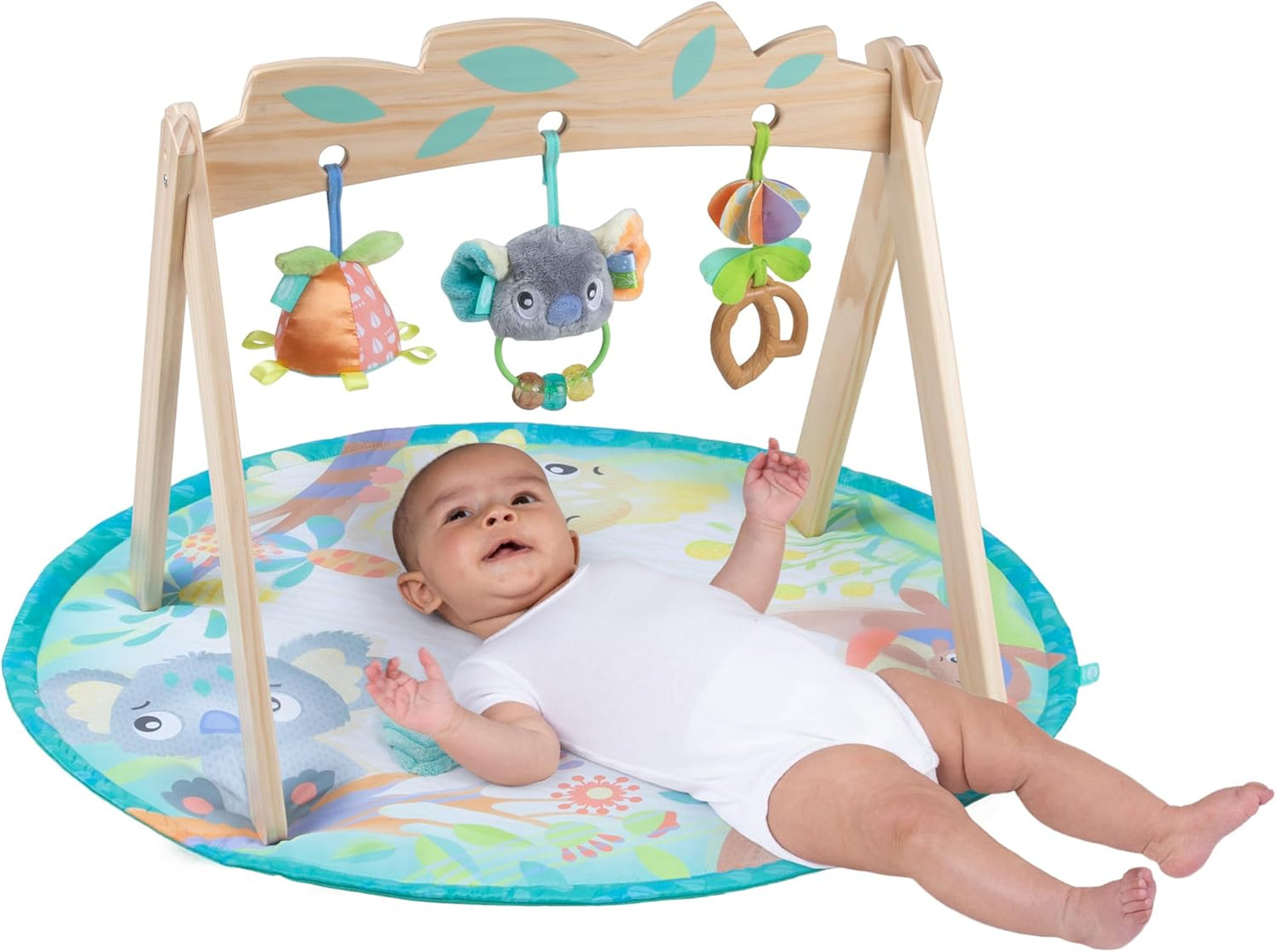 Playgro Fauna Friends Wooden Baby Activity Gym - Baby Play Mat for Floor with 3 Hanging Toys - Jungle Themed Baby Gym for Sensory Development - Wooden Baby Gym Play Mat for Newborns & Infants