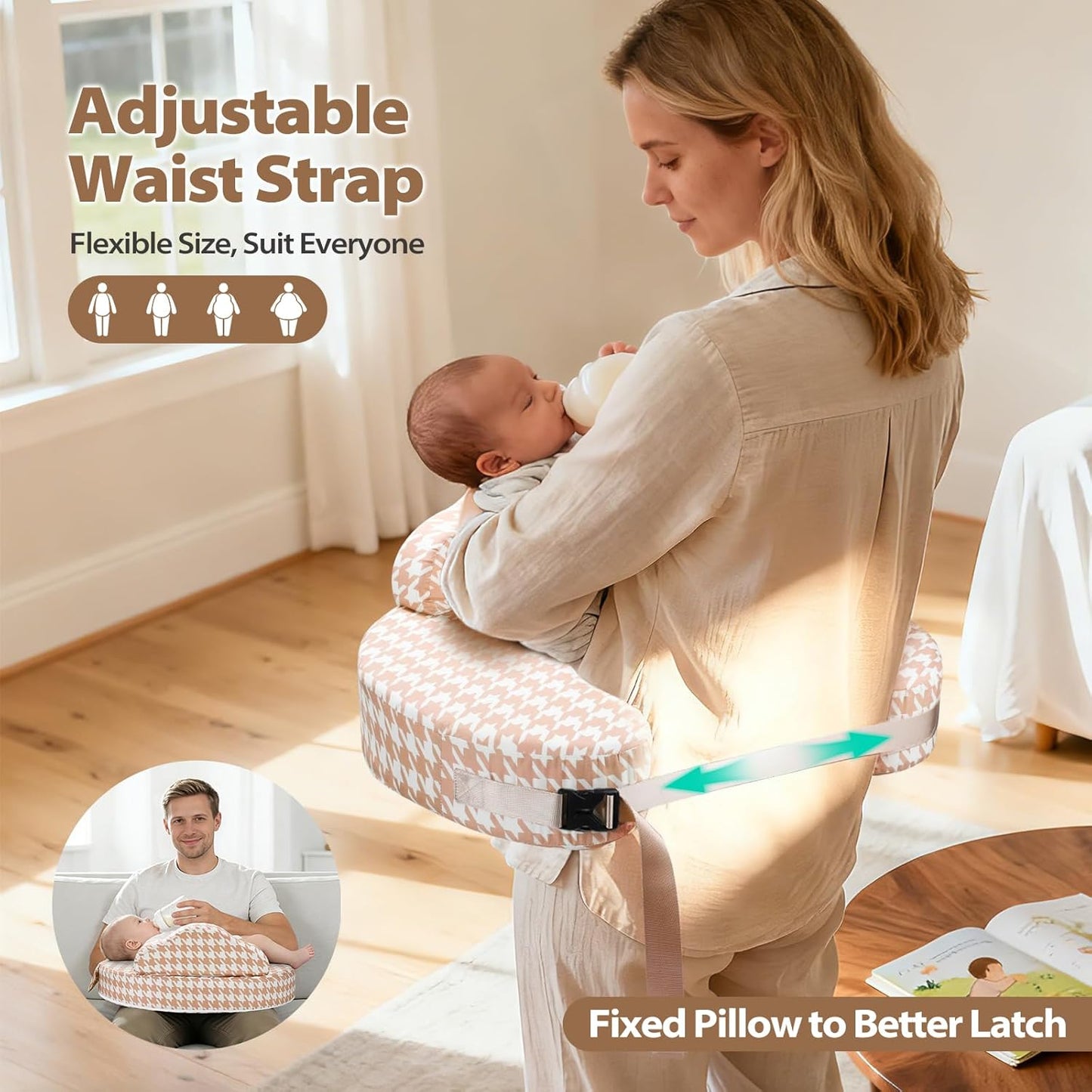 Nursing Pillow -Memory Foam Bottle & Breastfeeding Pillow with Safety Fence -Ergonomic Support, with Wider Breast Feeding Cushion, Adjustable, Removable Cover, Baby Safety