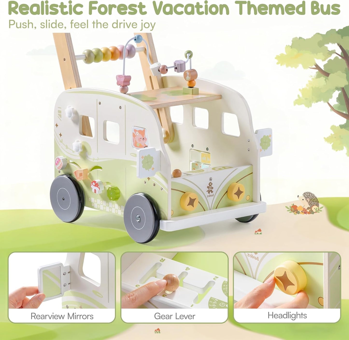 ROBUD Wooden Baby Push Walker, Forest Theme Learning Walking Toys for Baby Age 10 Months+, WRP54