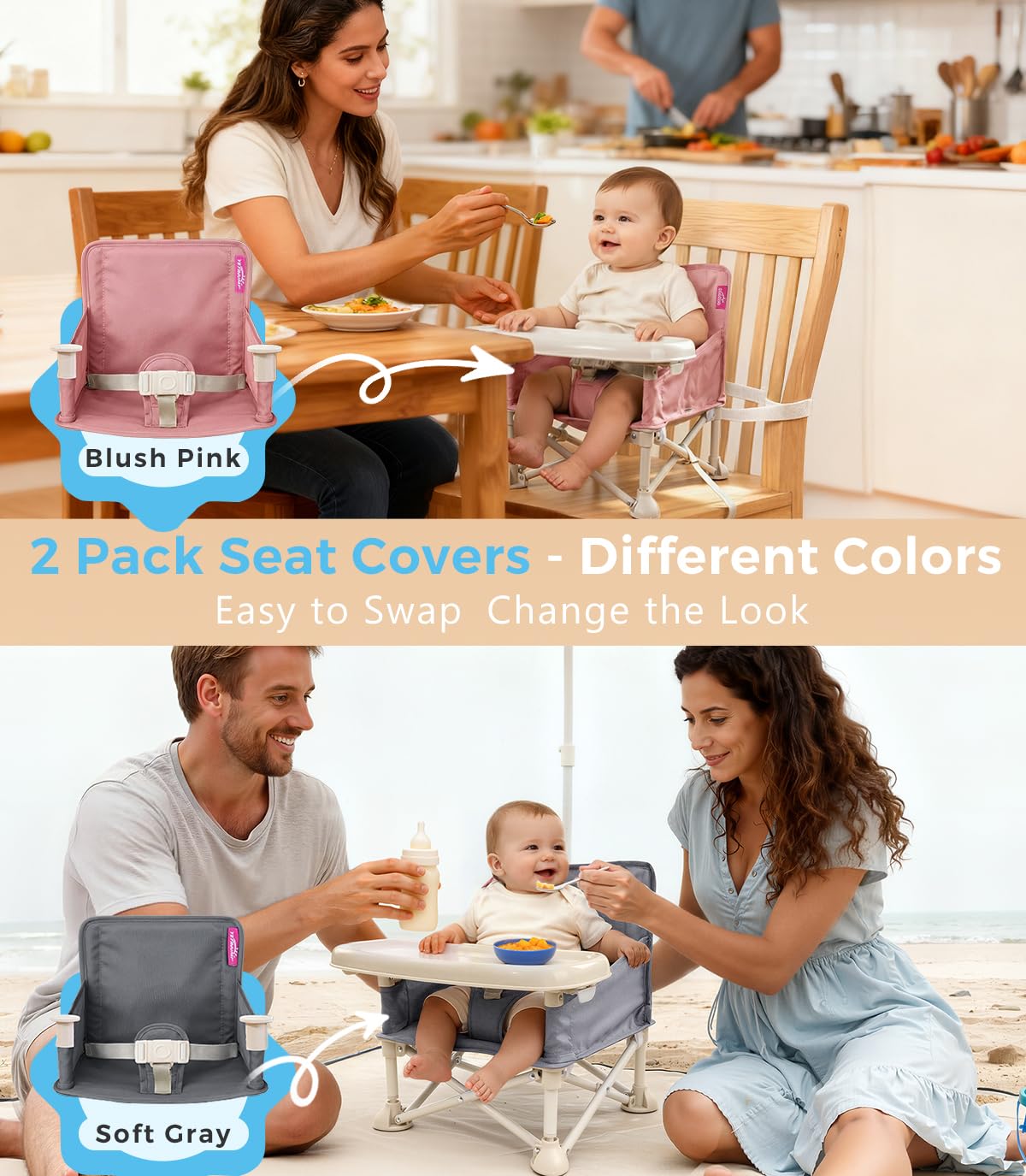 Portable Baby Chair, Baby Booster Seat with 2-Pack Seat Covers & Travel Bag for Camping & Baby Beach Chair | Toddler Folding Chair with Tray, Tip-Free Design, Straps to Kitchen Chairs