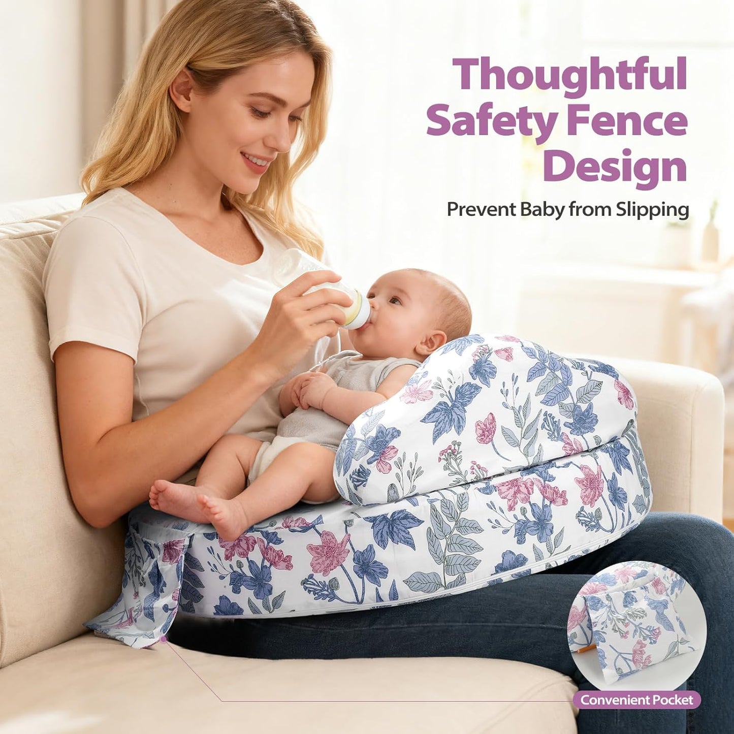 Nursing Pillow -Memory Foam Bottle & Breastfeeding Pillow with Safety Fence -Ergonomic Support, with Wider Breast Feeding Cushion, Adjustable, Removable Cover, Baby Safety