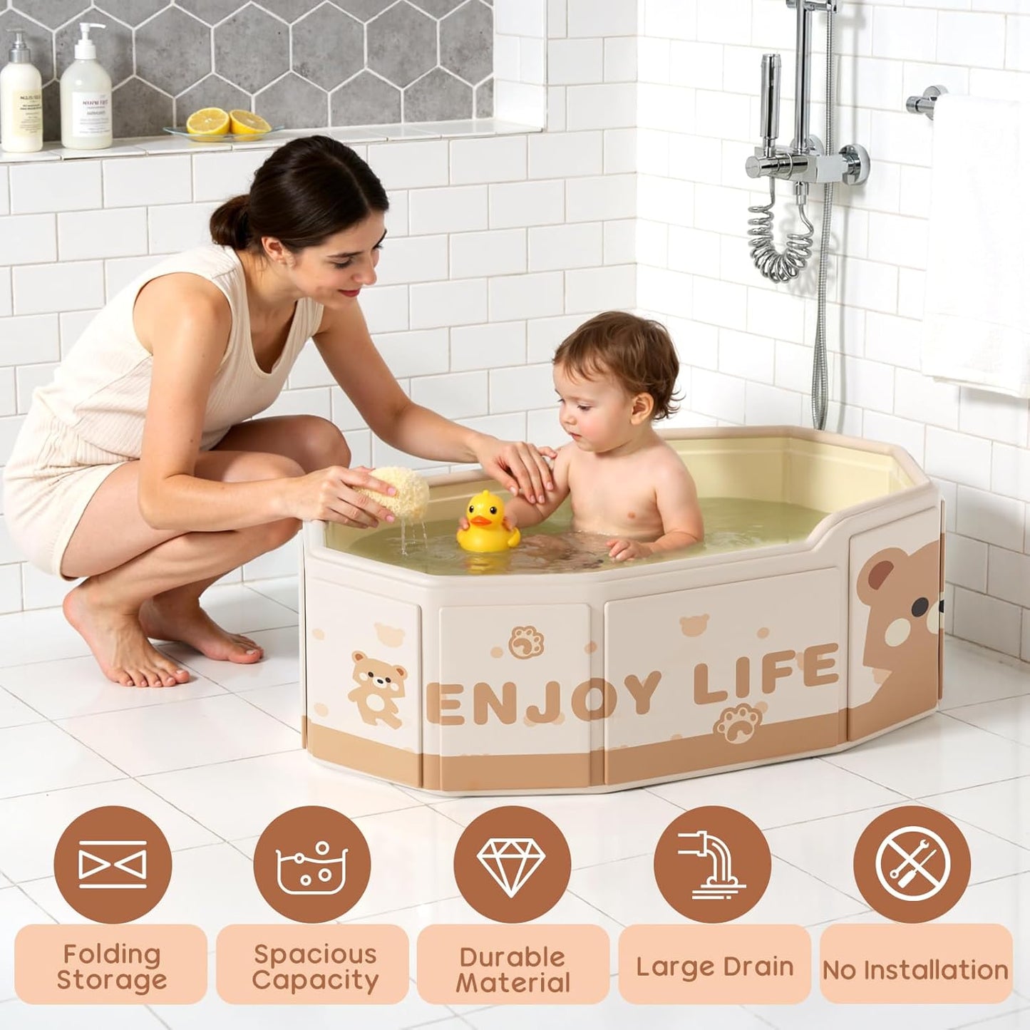 Collapsible Baby Bathtub for Shower, Portable Foldable Toddler Bath Tub with Non-Slip Base, Compact Travel Essentials for Kids & Infants, Easy Storage in Small Spaces, Brown