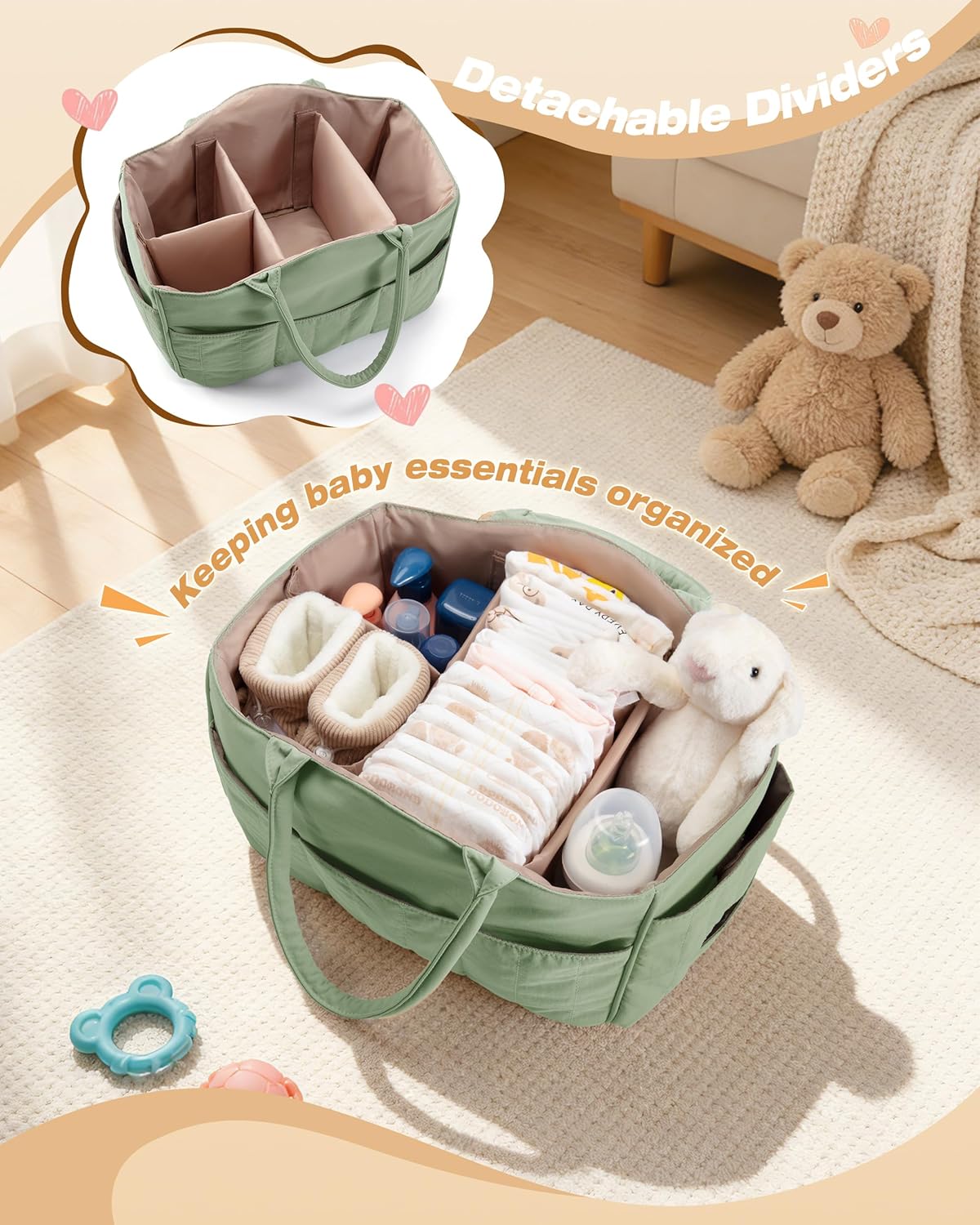 Baby Diaper Caddy with Detachable Dividers and Wipes Pocket, Lightweight Baby Caddy Organizer with Handles and 8 Pockets for Baby Stuff, Camel